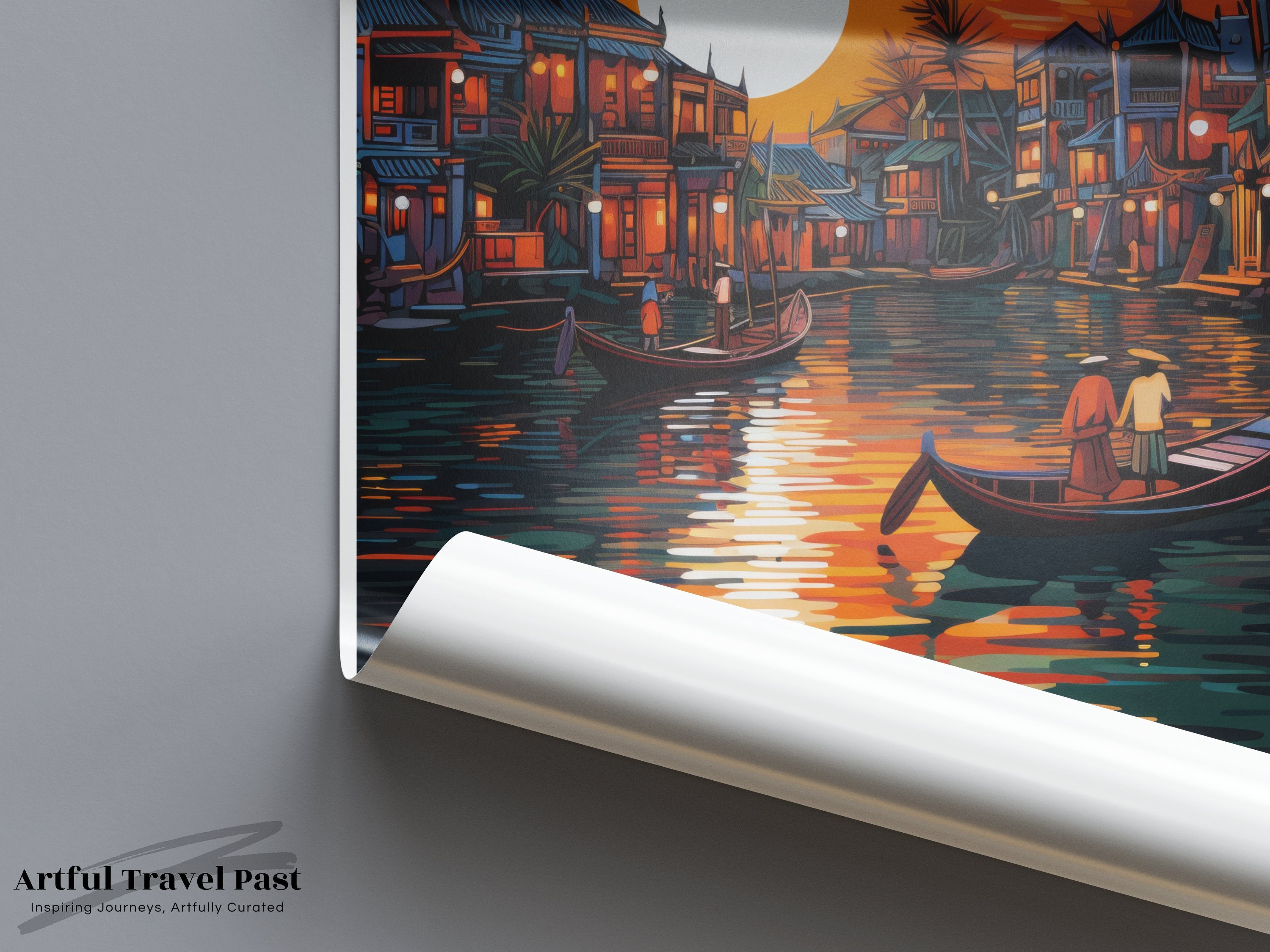 Hoi An Vietnam Wall Art, Vietnamese Cityscape Poster, Sunset River View with Boats, Traditional Vietnamese Houses, Travel Decor