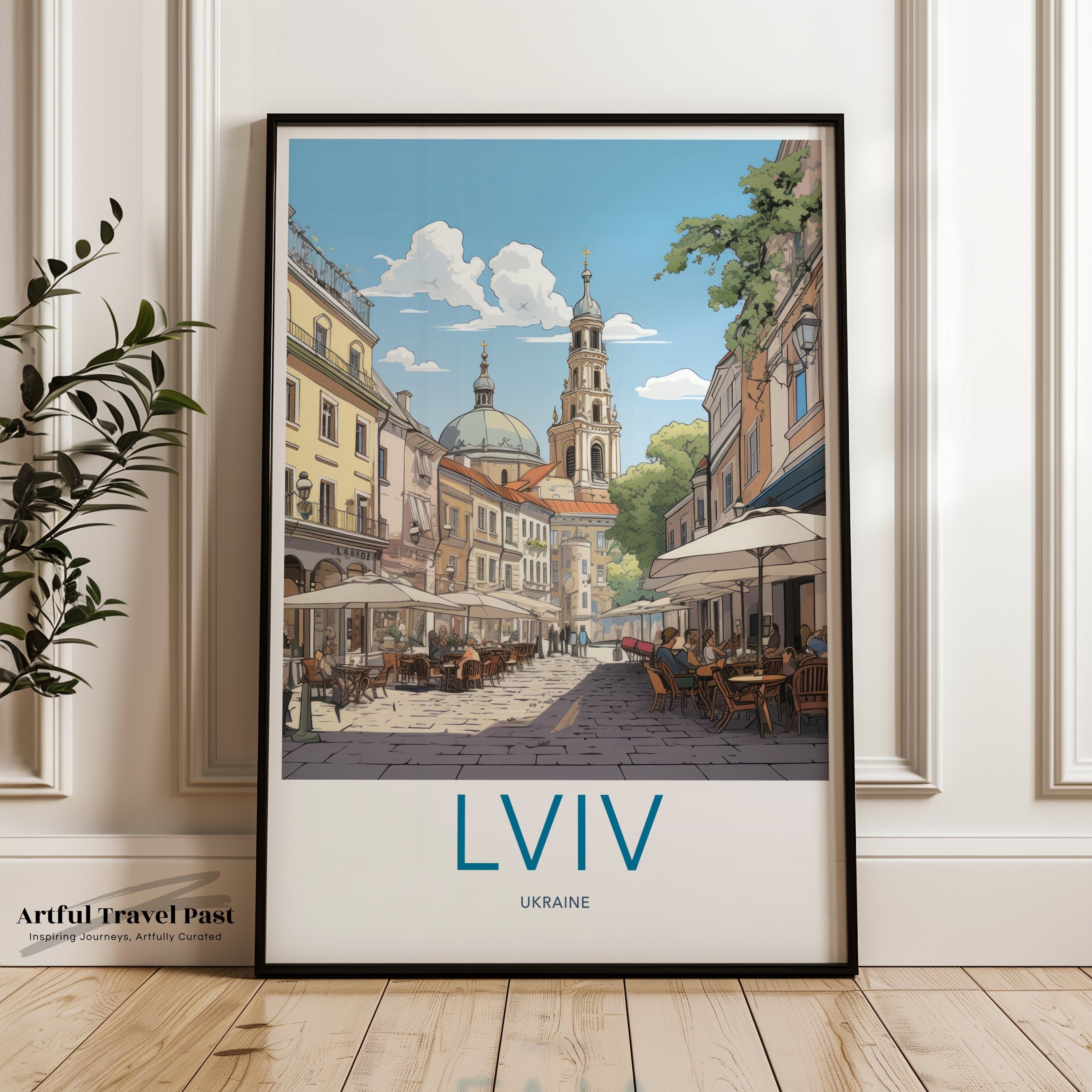 Lviv Cityscape Wall Art Print, European Street Scene Poster, Ukraine Travel Illustration, Historic Architecture Artwork