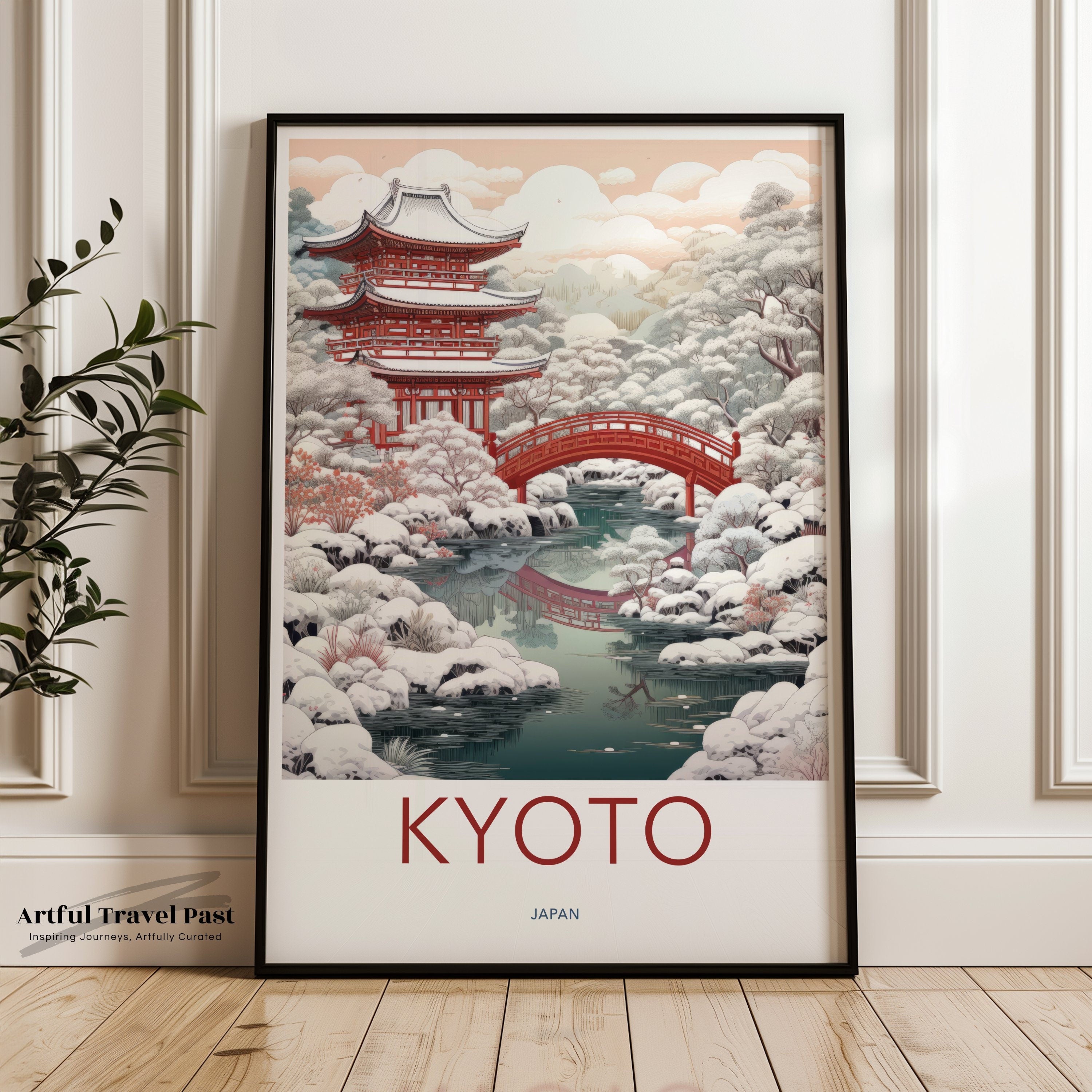 Kyoto Japan Wall Art, Japanese Pagoda Bridge Scenery, Winter Landscape Poster, Scenic Home Decor, Asian Zen Artwork Print