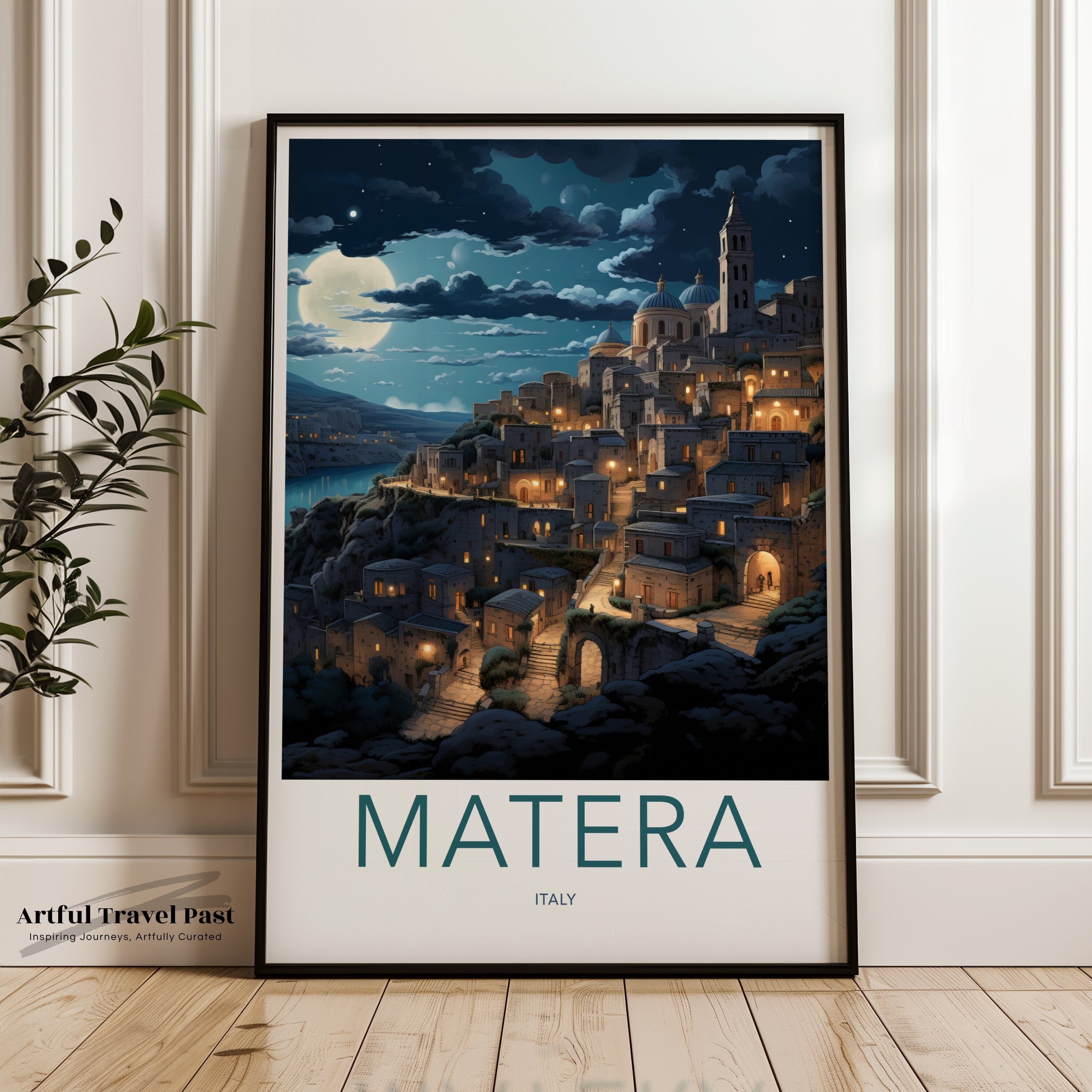 Matera Italy Wall Art, Matera Night Scene Print, Italian Cityscape Decor, Moonlit Town Artwork, European Landscape Poster