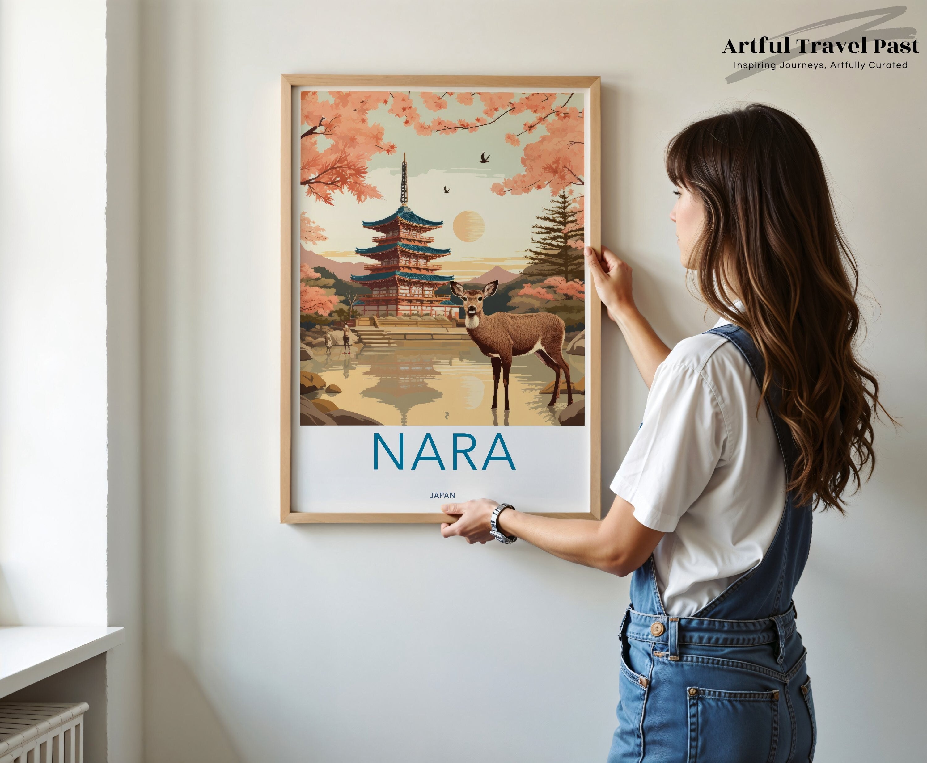 Vintage Nara Travel Poster, Japanese Deer and Pagoda Art, Cherry Blossom Wall Art, Digital Print for Home Decor