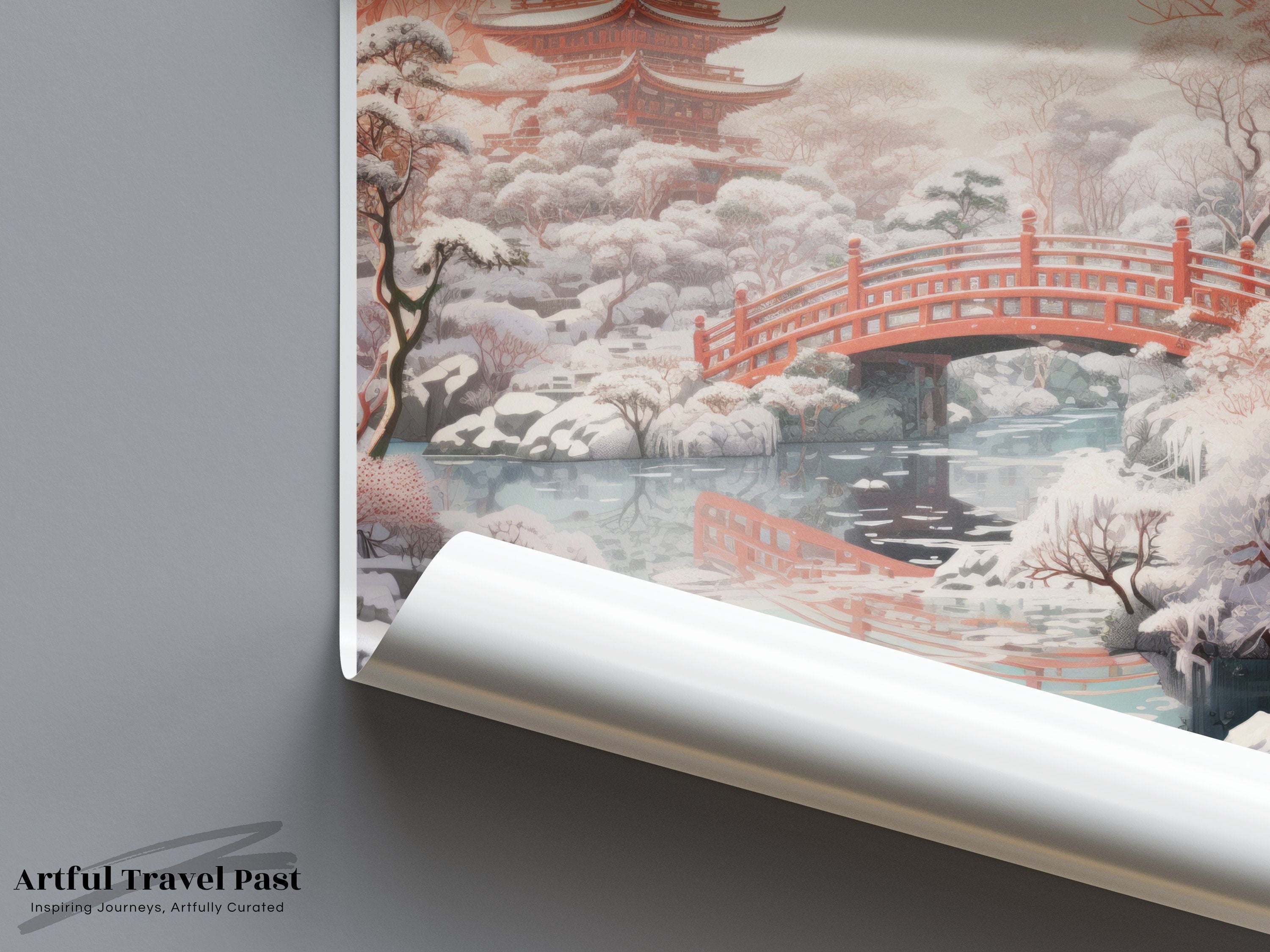 Kyoto Japan Wall Art Print, Japanese Landscape Poster, Red Pagoda Decor, Winter Snow Scene, Tranquil Nature Artwork for Home