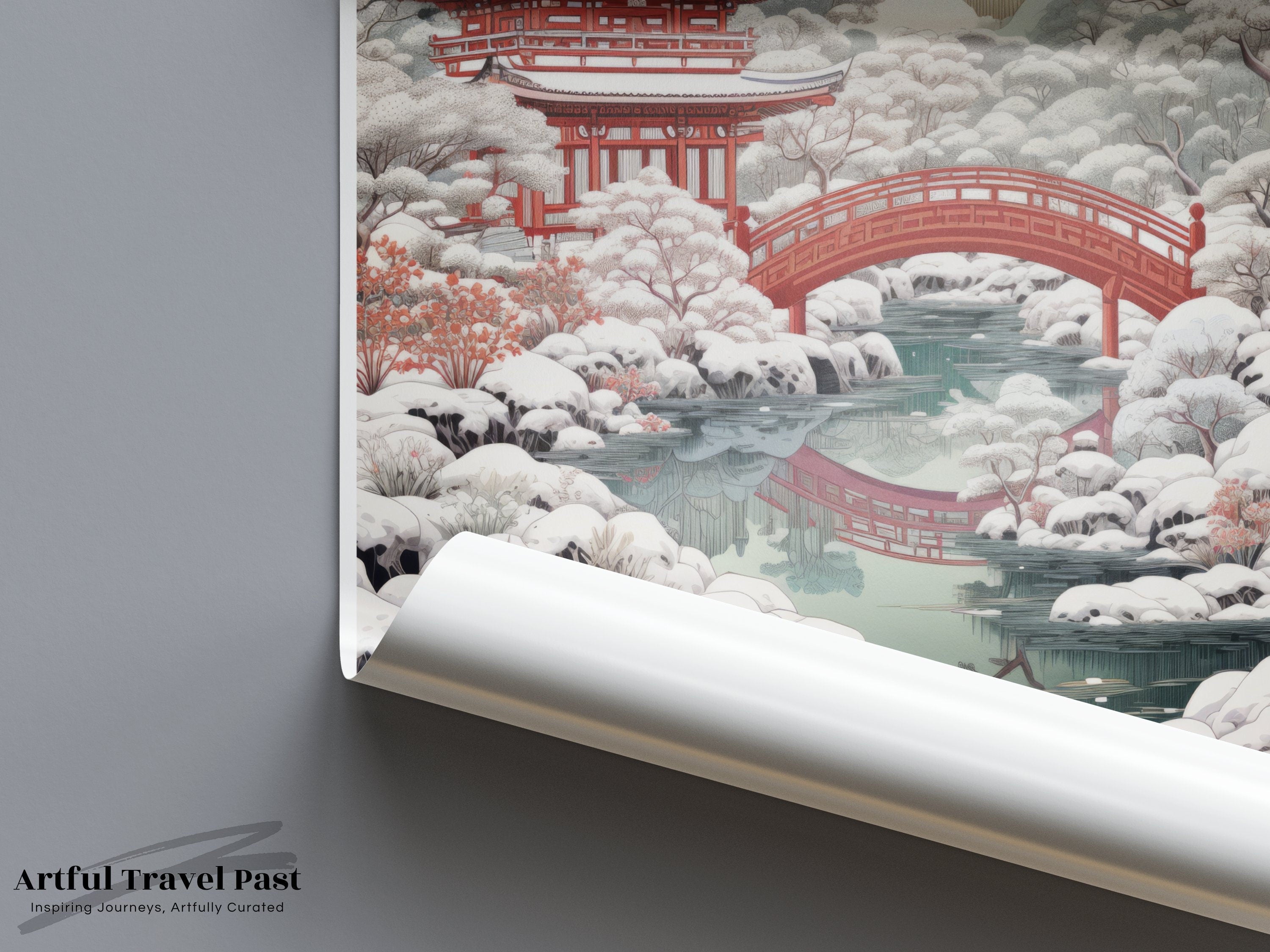 Kyoto Japan Wall Art, Japanese Pagoda Bridge Scenery, Winter Landscape Poster, Scenic Home Decor, Asian Zen Artwork Print