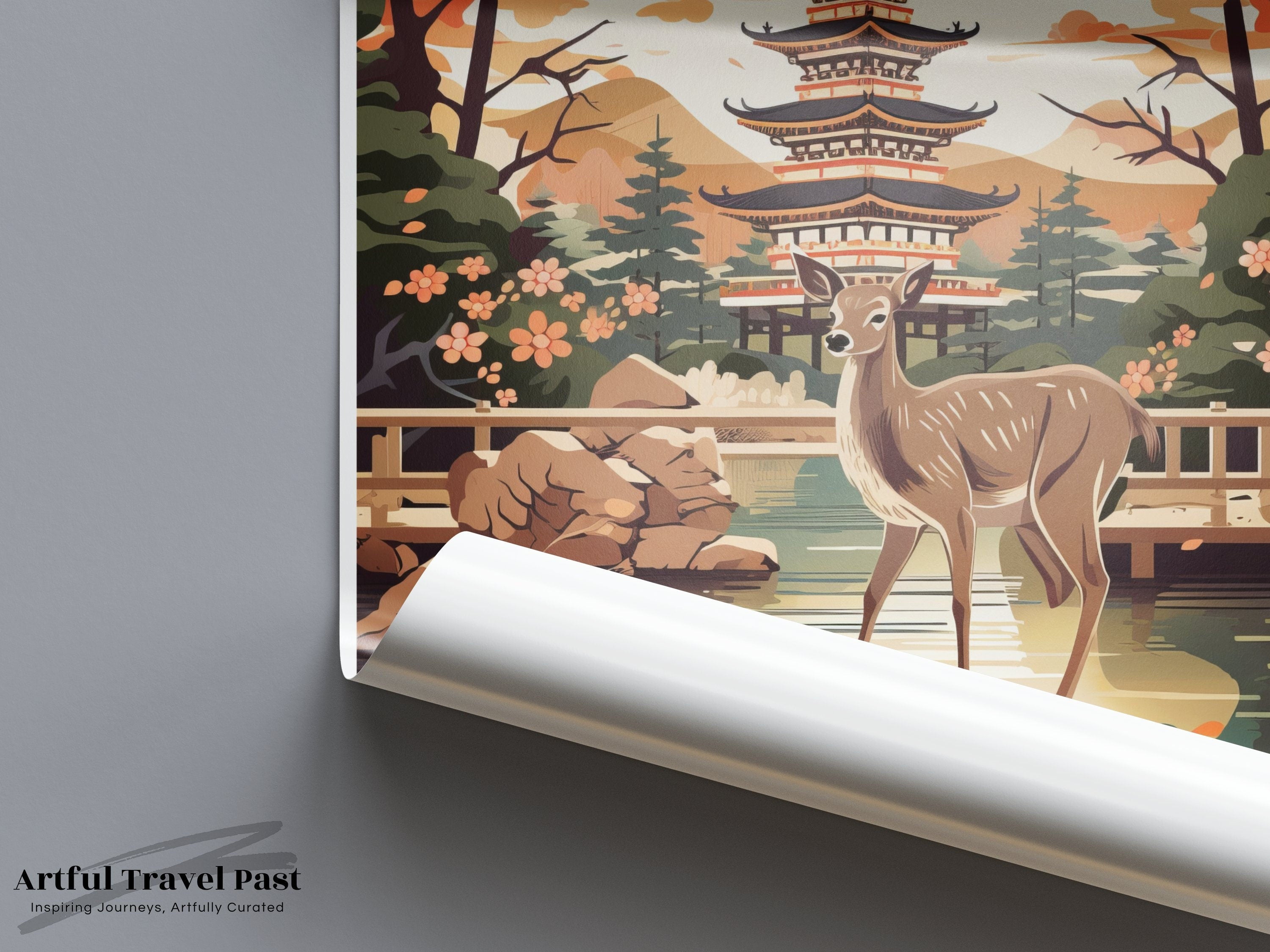 Japanese Nara Deer Landscape Wall Art, Scenic Sunset Pagoda Print, Nature Inspired Home Decor, Tranquil Wildlife Poster