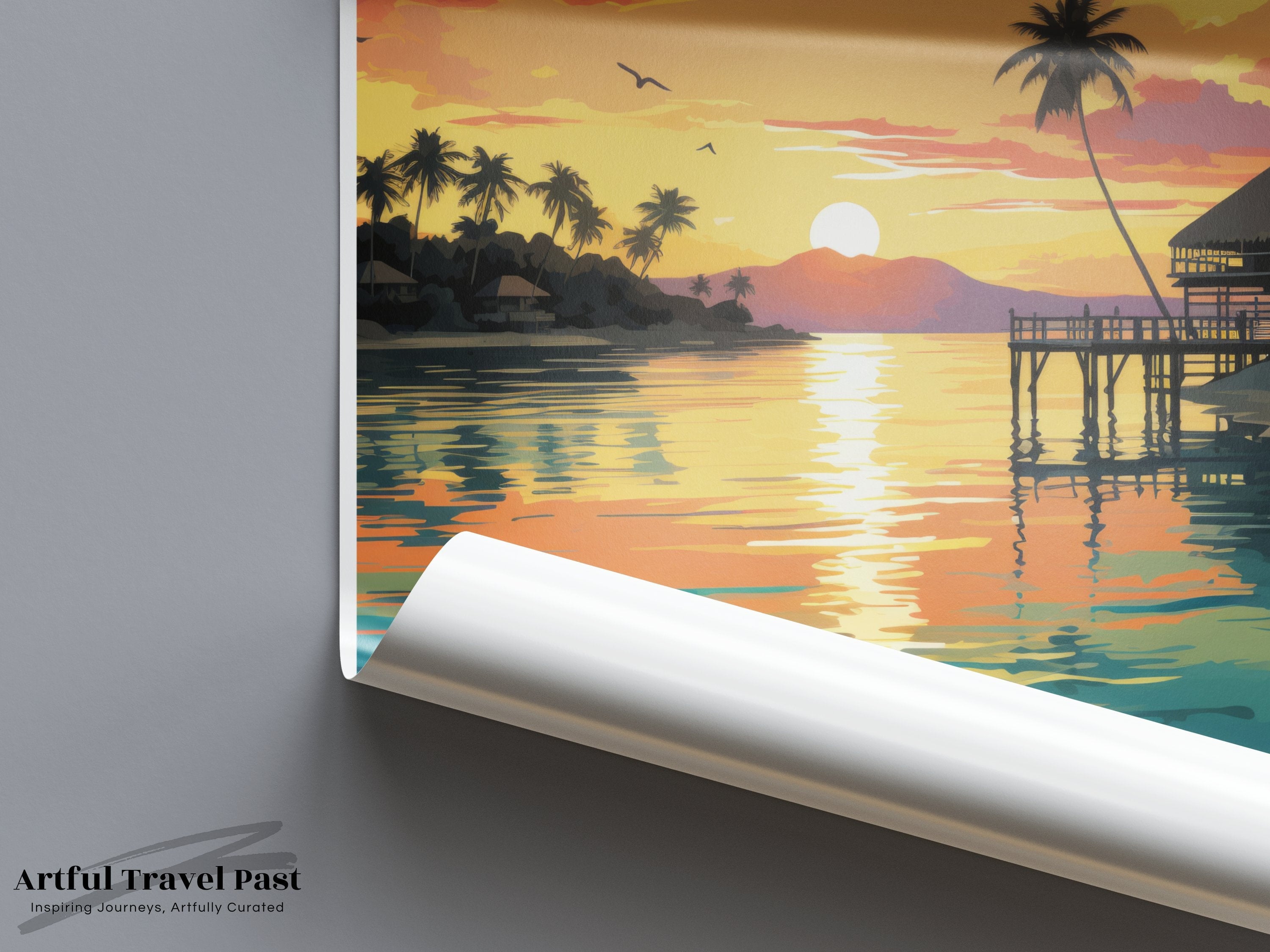 Viti Levu Wall Art, Fiji Sunset Print, Tropical Island Poster, Beach House Decor, Ocean View Art, Coastal Landscape Illustration