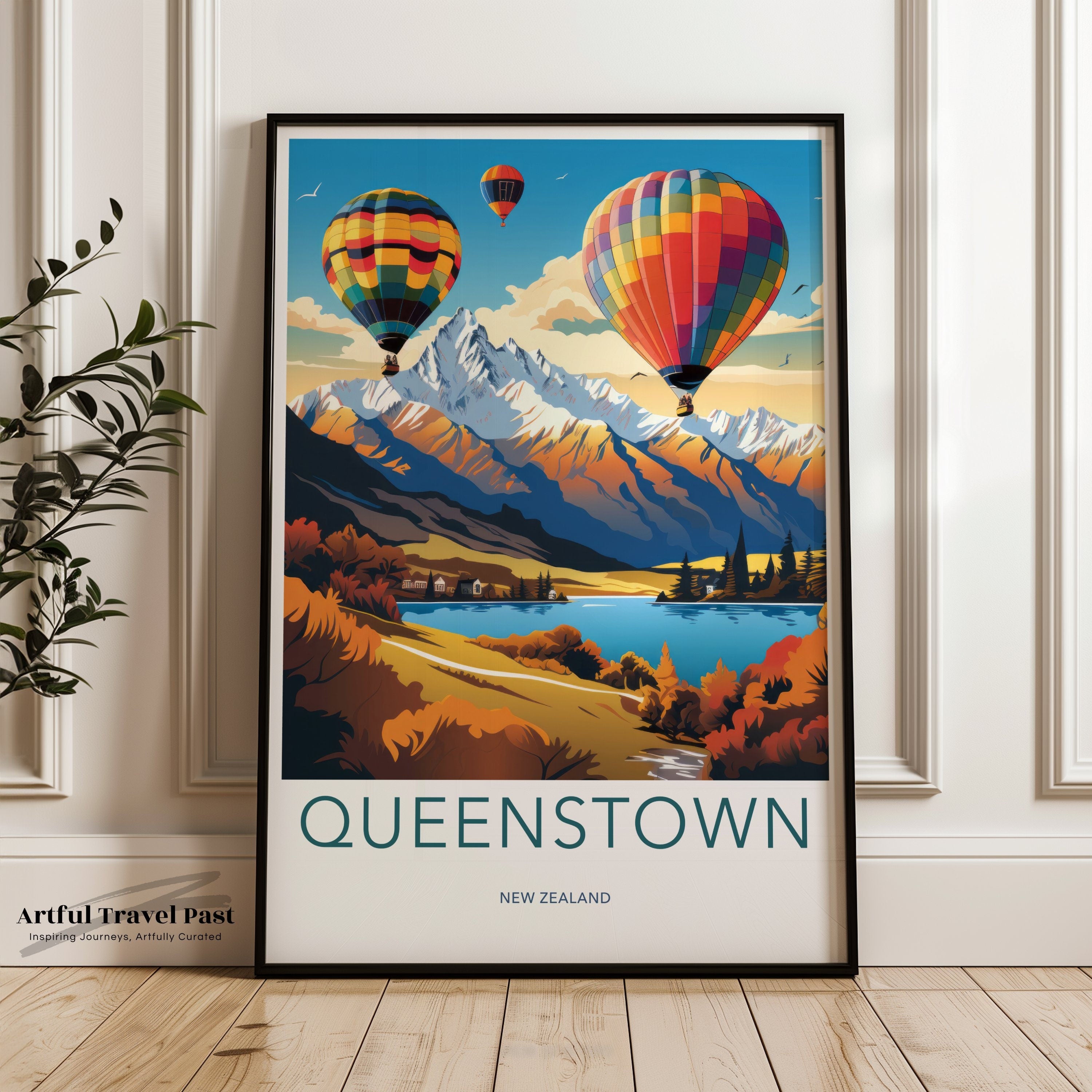 Queenstown New Zealand Wall Art Print Hot Air Balloons Scenic Landscape Poster, Travel Decor Adventure Art, Mountain Aerial View