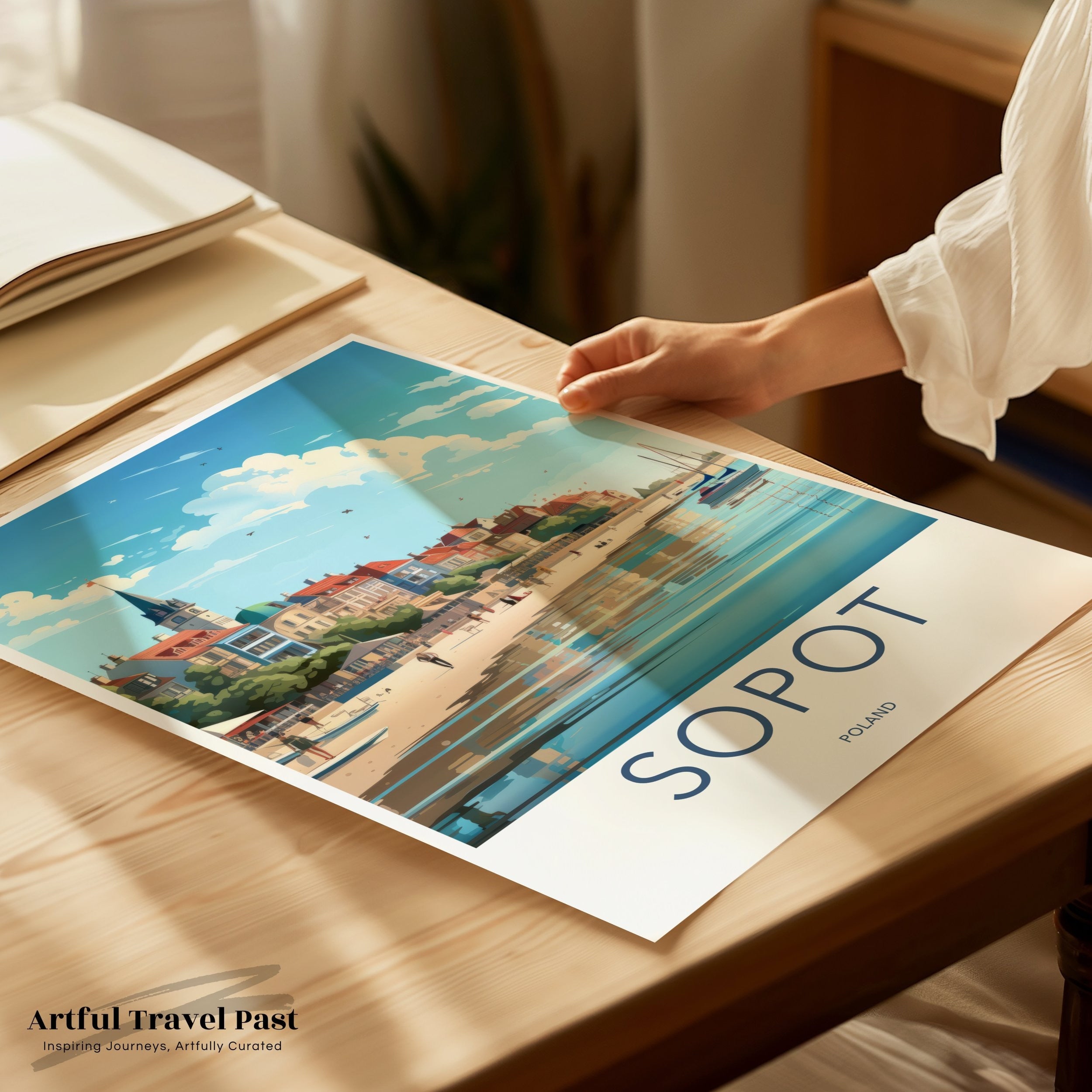 Sopot beach panoramic view wall art, charming coastal town print, nautical seaside artwork, Poland travel poster decor