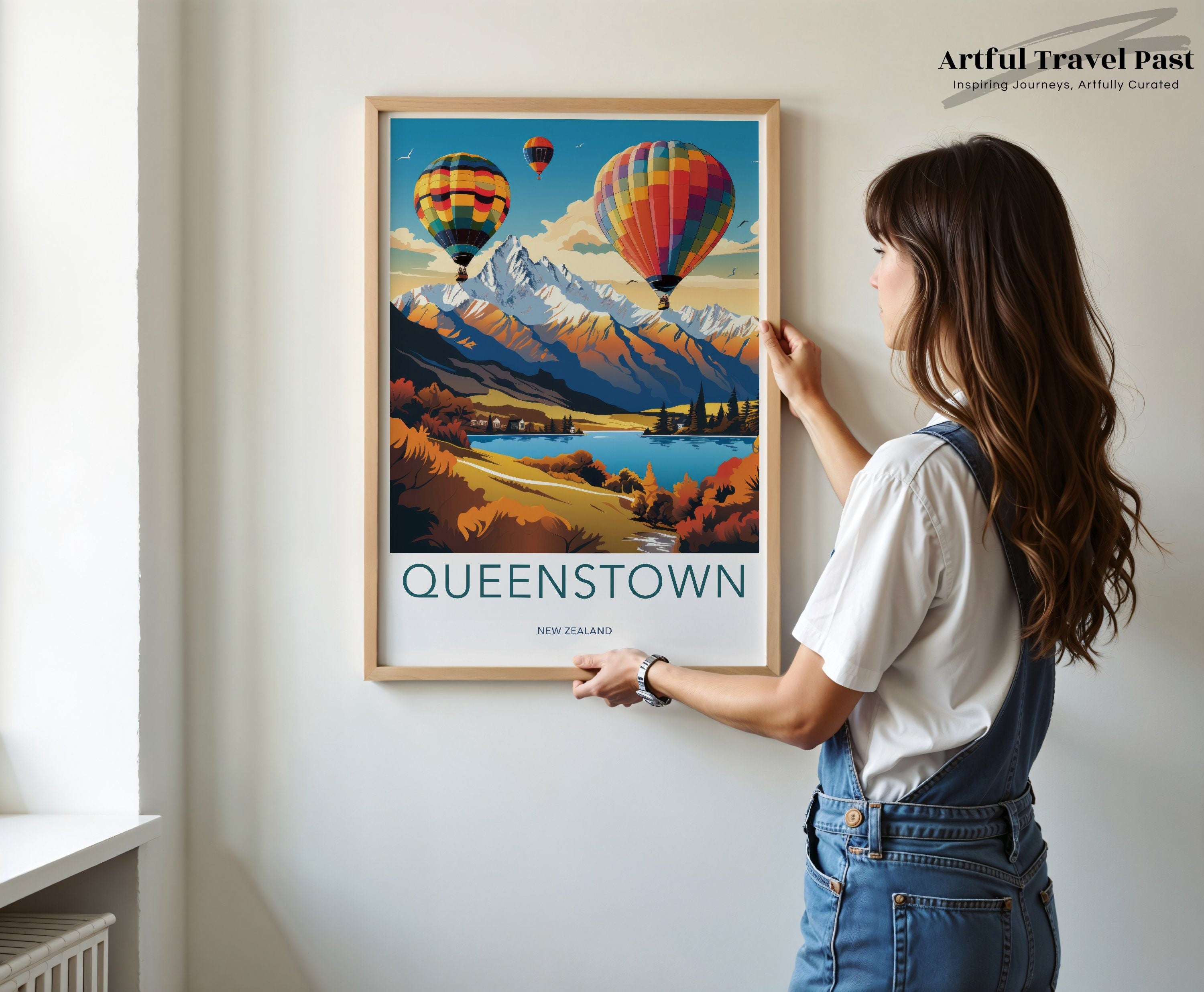 Queenstown New Zealand Wall Art Print Hot Air Balloons Scenic Landscape Poster, Travel Decor Adventure Art, Mountain Aerial View