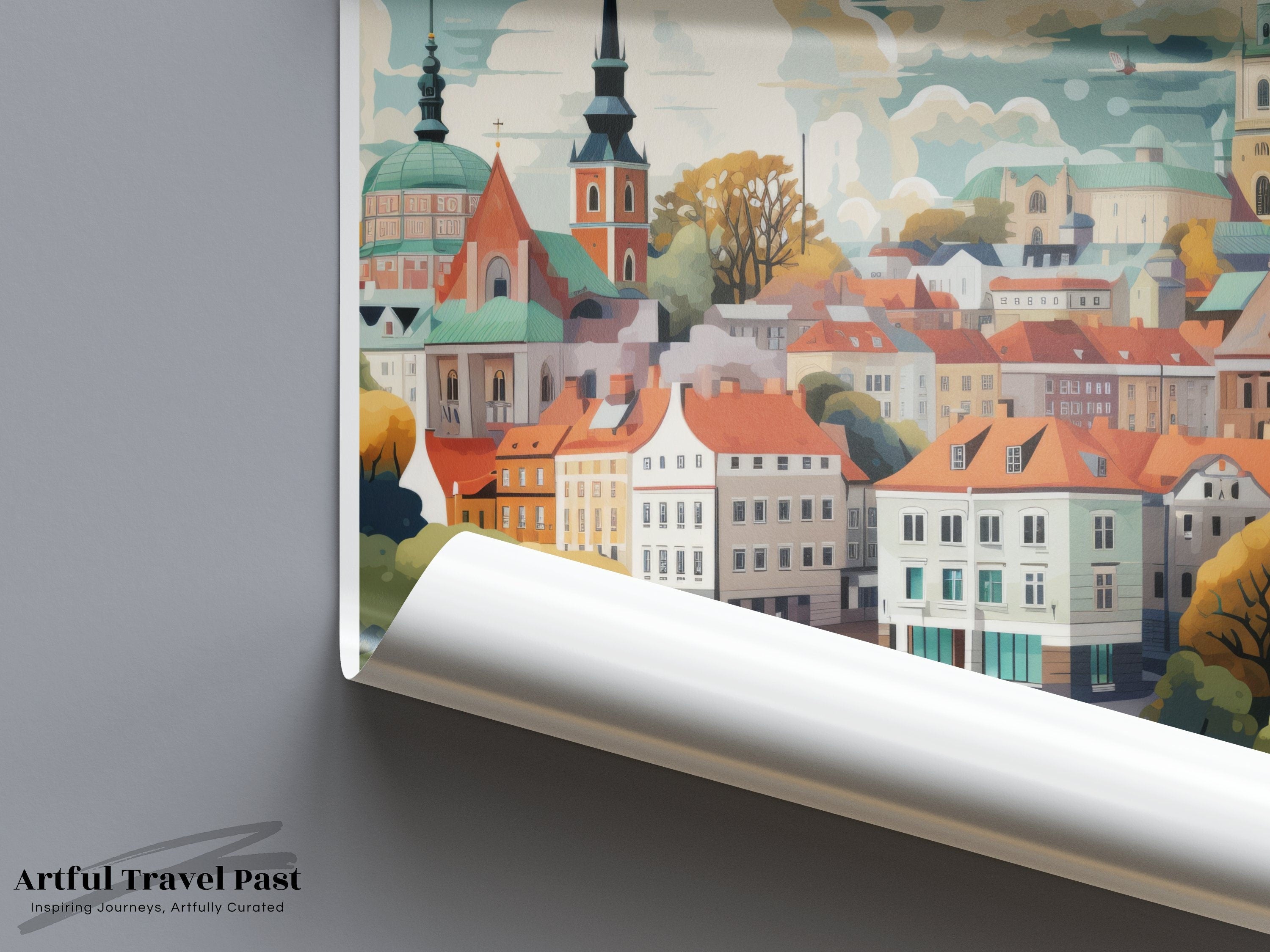 Tartu cityscape wall art, Estonia city poster, Tartu print, vibrant city decor, European travel art, scenic city illustration