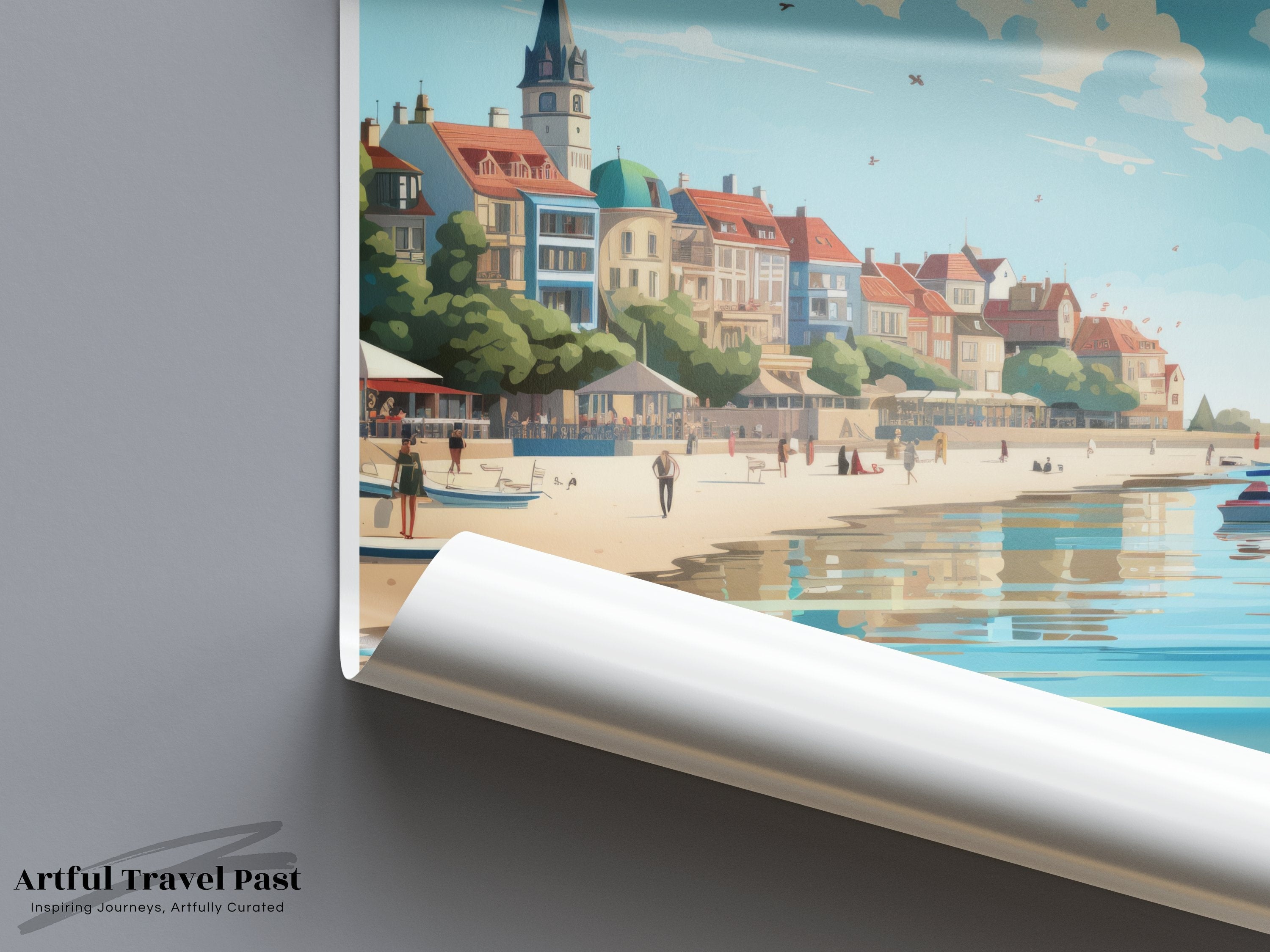 Sopot beach panoramic view wall art, charming coastal town print, nautical seaside artwork, Poland travel poster decor