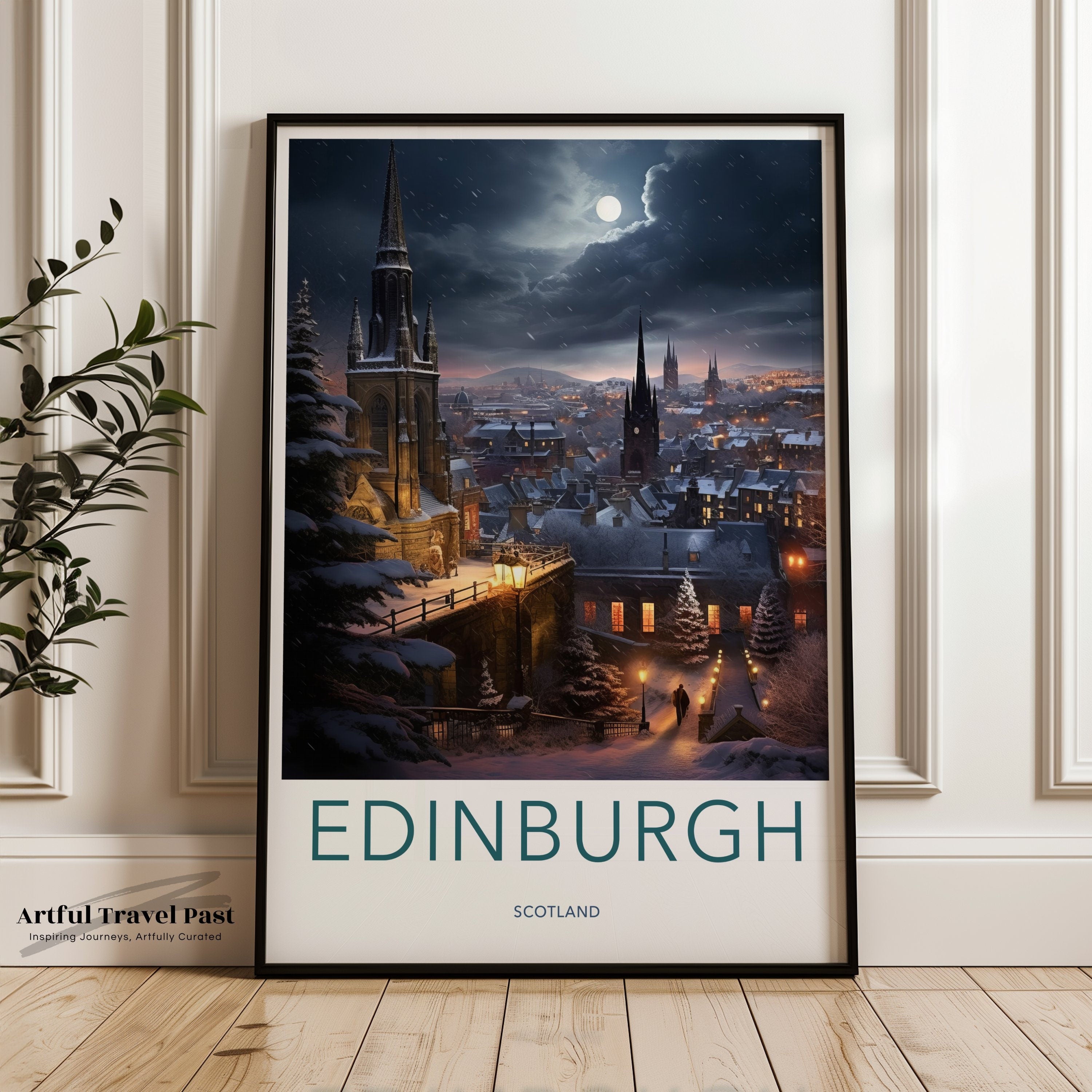 Edinburgh Night Skyline Wall Art, Scottish Cityscape Poster, Winter Moonlit Scene, Historic Architecture, Scenic Landscape Print