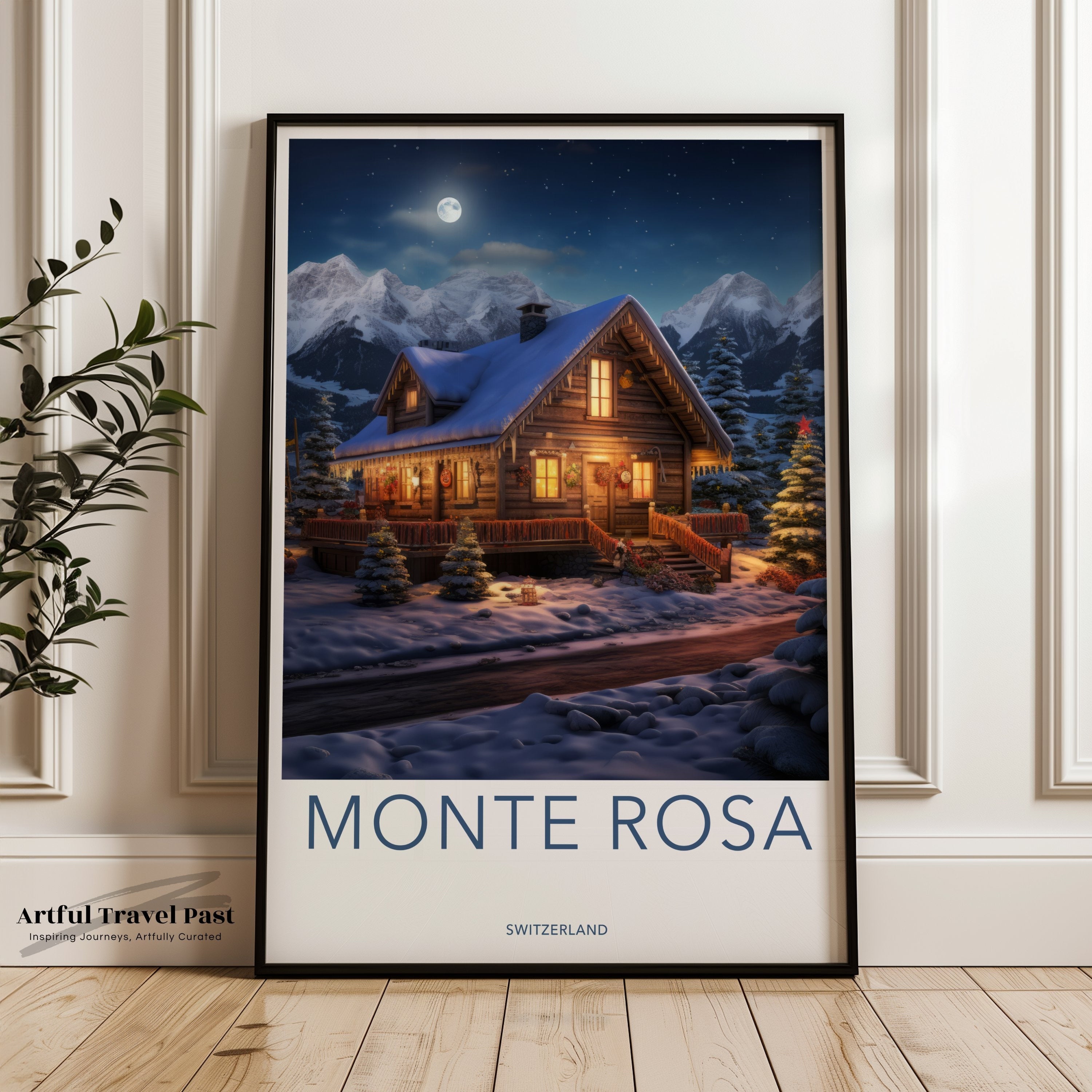 Monte Rosa Wall Art, Swiss Alpine Cottage Night Art Print, Winter Wonderland Mountain Landscape, Moonlit Night Wall Décor