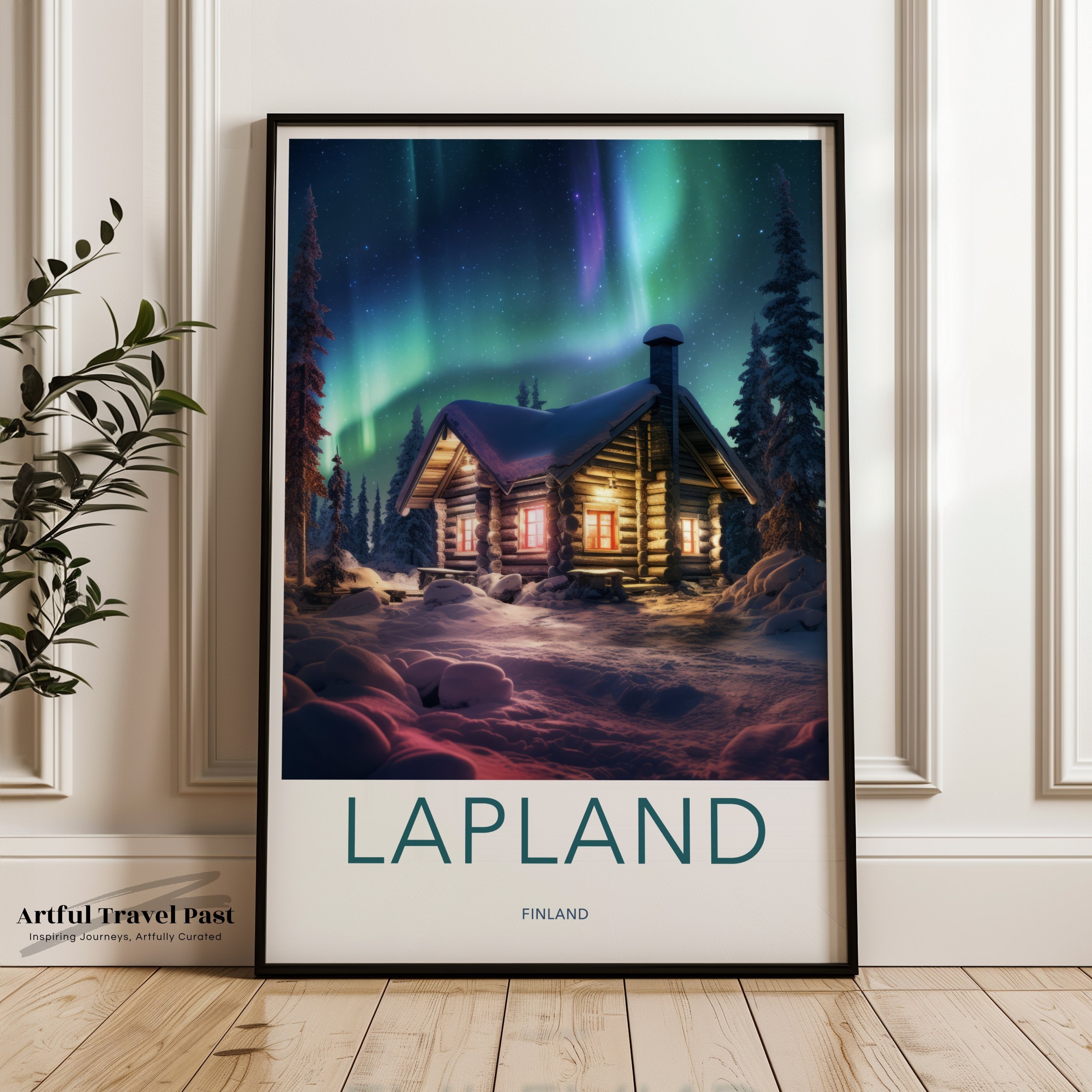 Northern Lights Over Lapland Wall Art, Cozy Cabin in Snowy Forest, Winter Wonderland, Tranquil Scandinavian Decor, Aurora Borealis Print