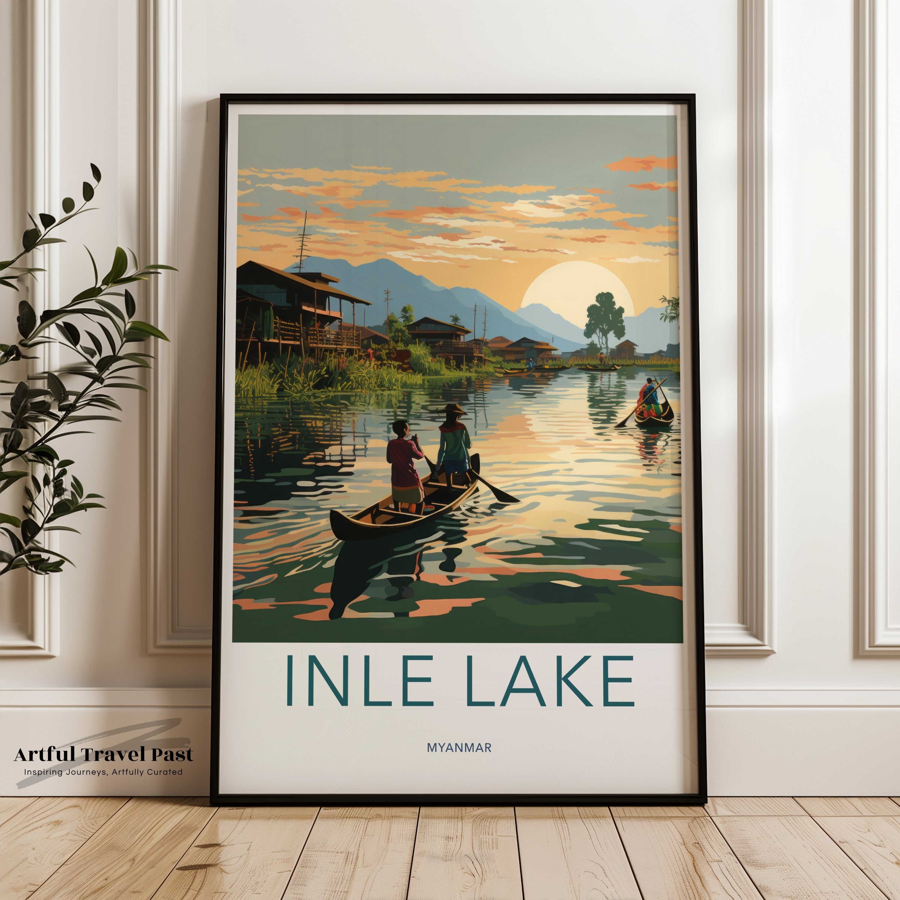 Inle Lake Wall Art, Myanmar Landscape Print, Scenic Canoe Ride, Sunset Wall Decor, Southeast Asia Travel Poster, Home Decoration