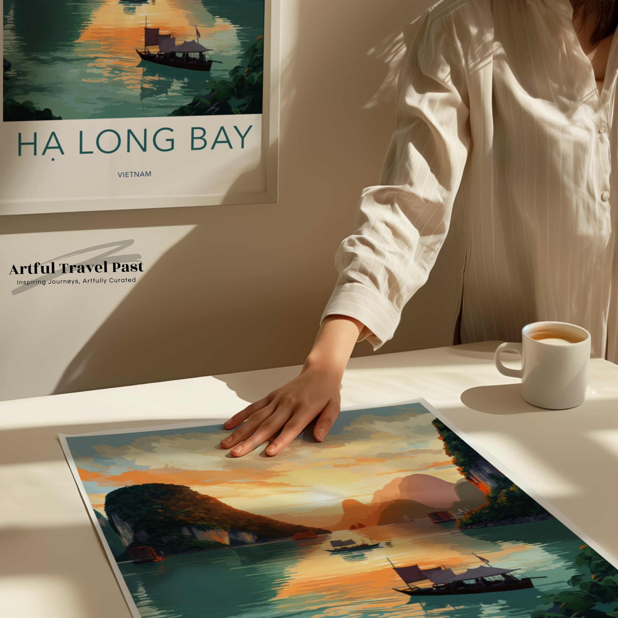 Ha Long Bay Vietnam Wall Art, Stunning Sunset View, Scenic Seascape, Majestic Rock Formations, Boats on Water, Travel Decor