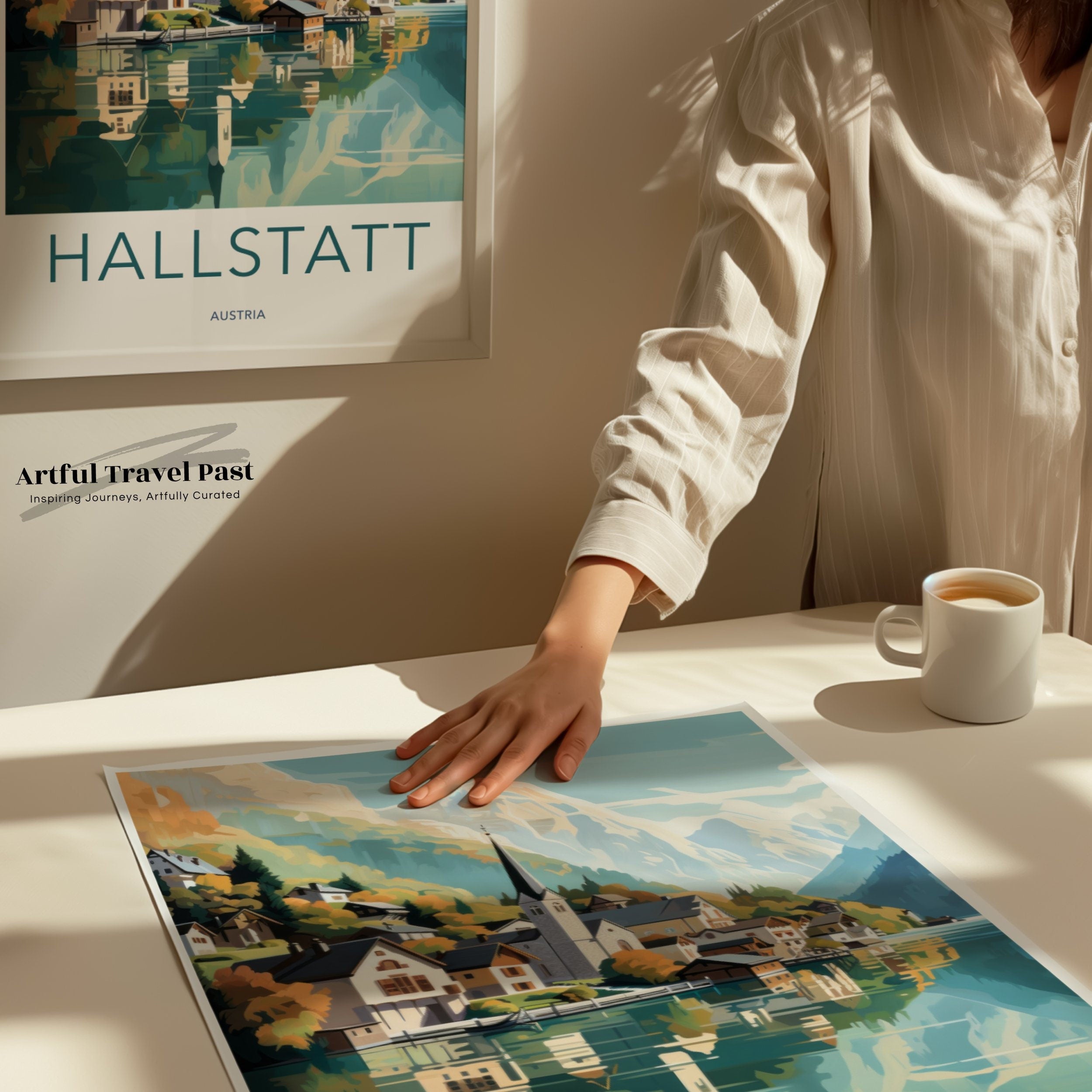 Hallstatt Wall Art Print, Austria Scenic Village Poster, European Landscape Home Decor, Alpine Lake and Mountains Artwork