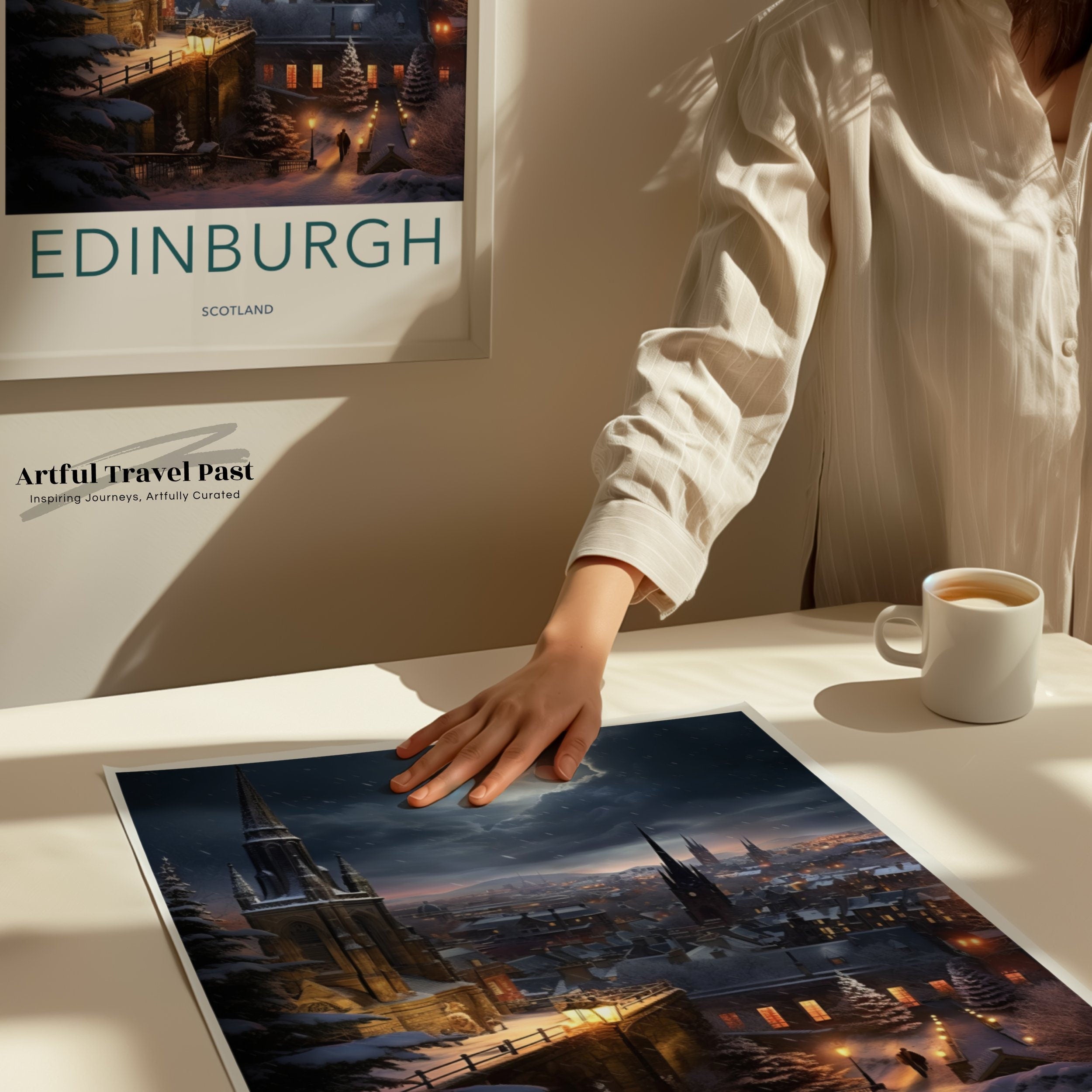 Edinburgh Night Skyline Wall Art, Scottish Cityscape Poster, Winter Moonlit Scene, Historic Architecture, Scenic Landscape Print