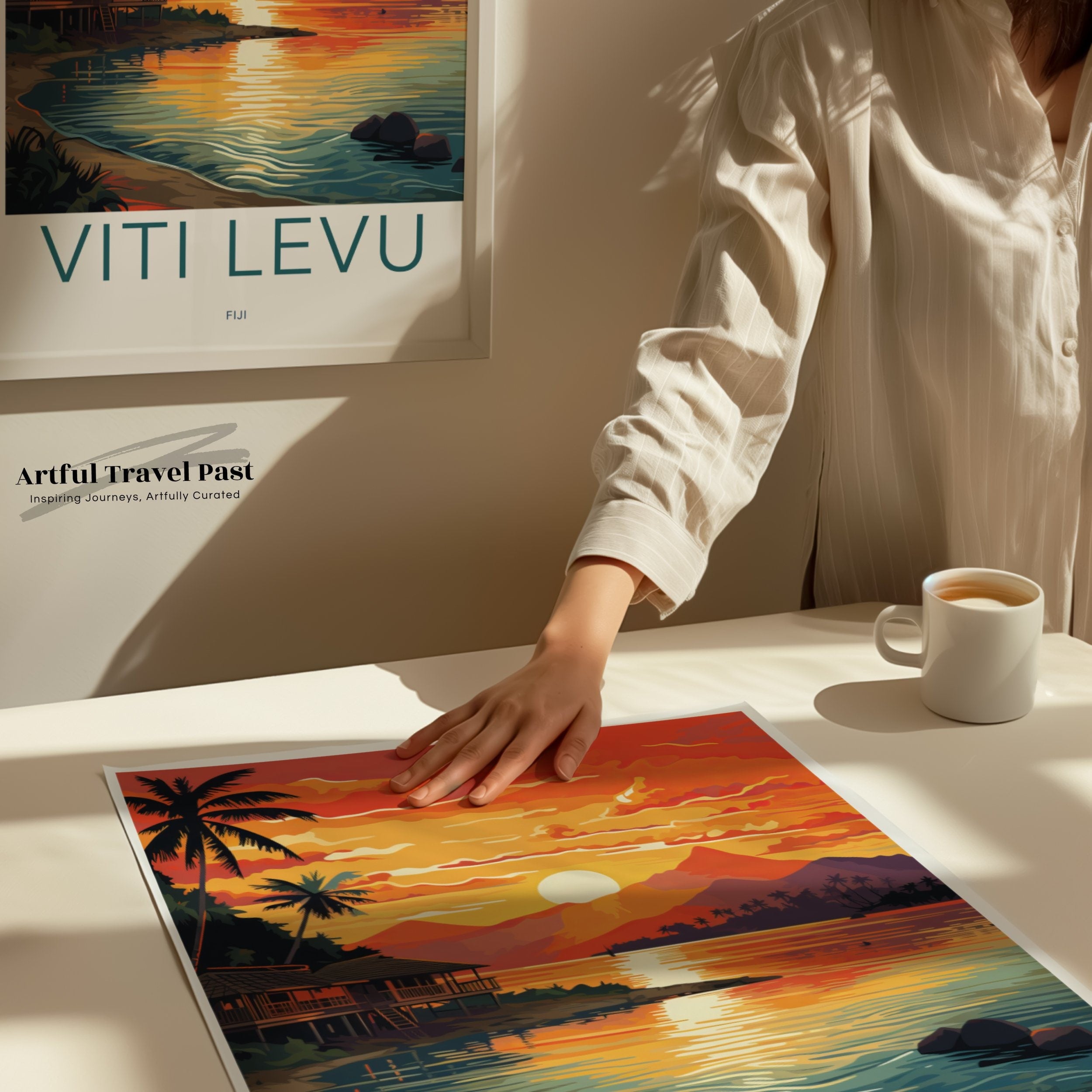 Viti Levu Wall Art, Fiji Island Sunset, Tropical Landscape Art, Scenic Ocean View Artwork, Vibrant Coastal Painting Print