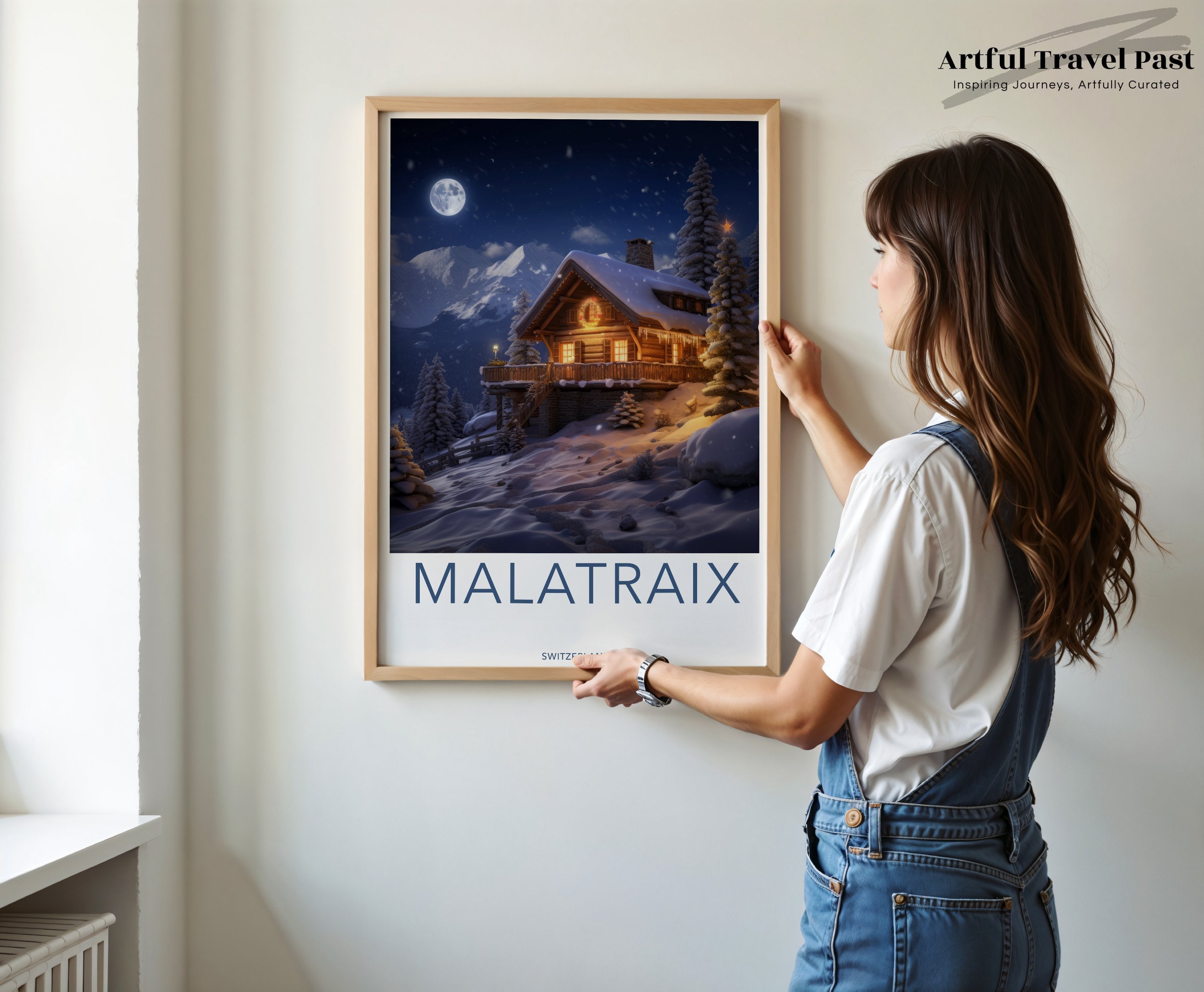 Scenic Winter Chalet Malatraix Wall Art, Serene Snowy Night View, Majestic Swiss Alps, Cozy Cabin Decor, Christmas Eve Atmosphere