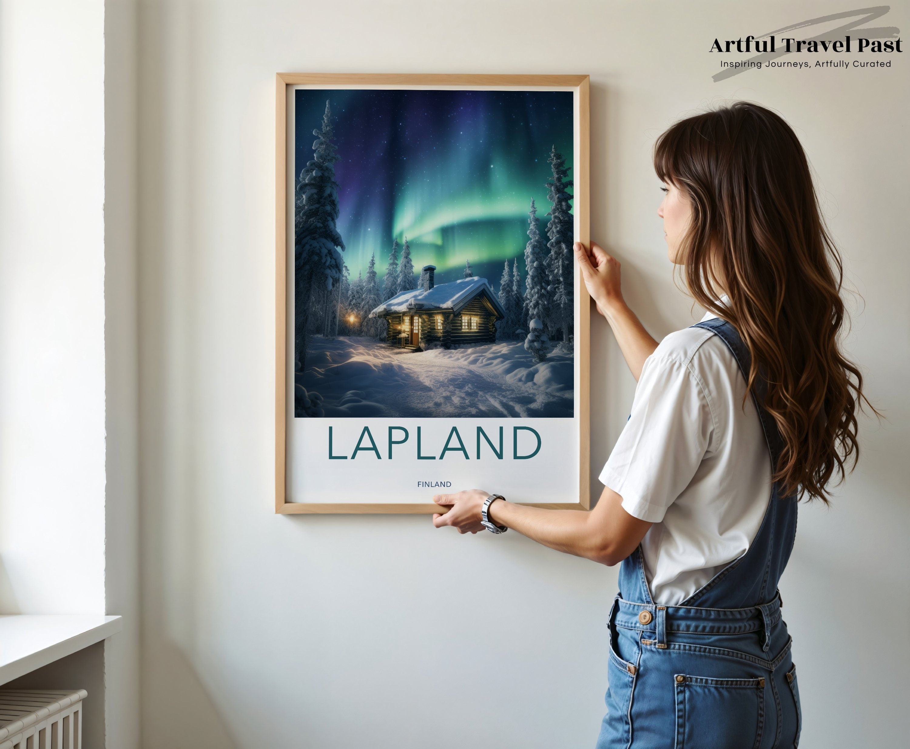 Lapland Finland Aurora Borealis Winter Wonderland Night Sky Scenic Wall Art, Cozy Cabin in Snowy Forest, Northern Lights