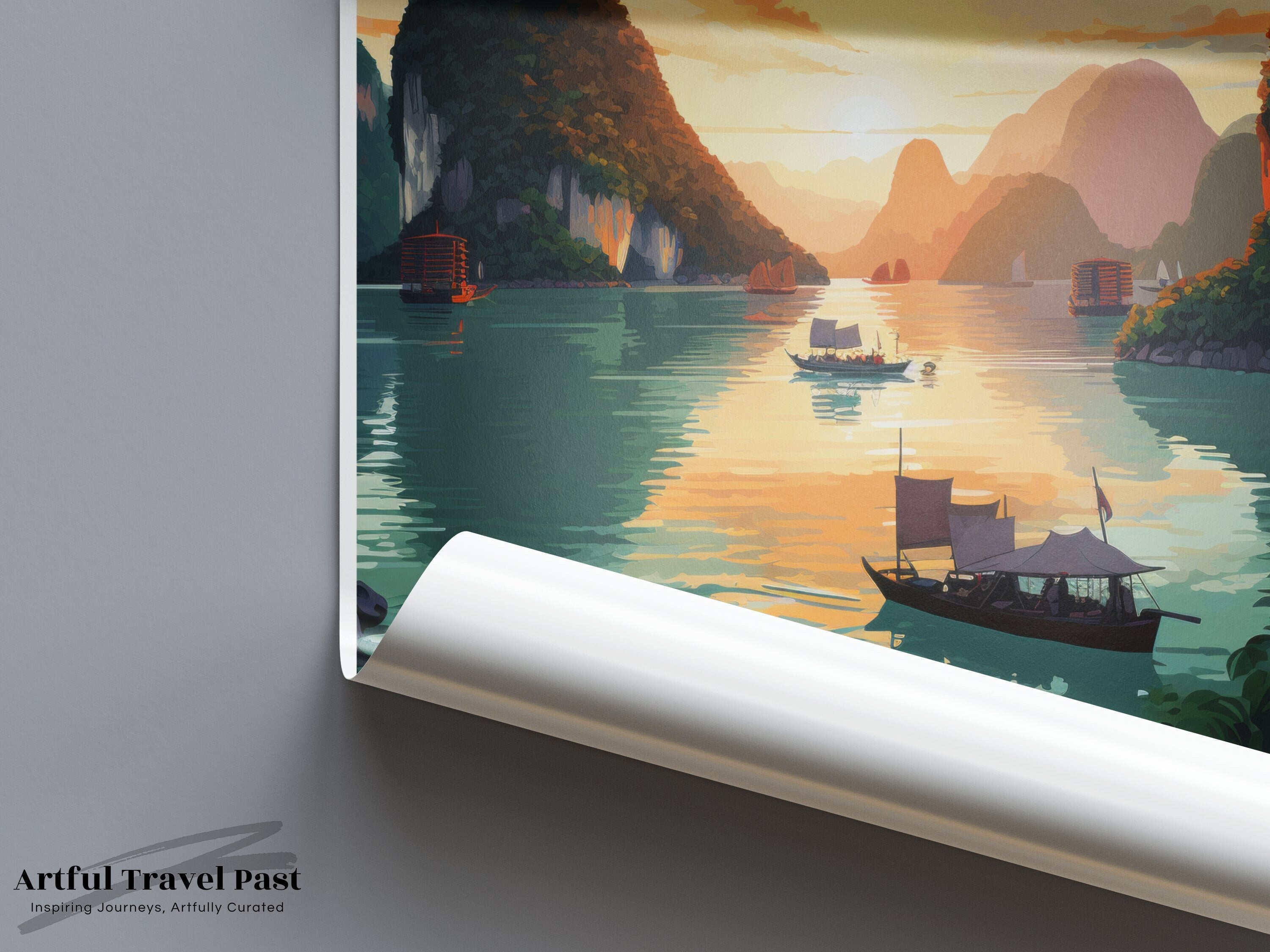 Ha Long Bay Vietnam Wall Art, Stunning Sunset View, Scenic Seascape, Majestic Rock Formations, Boats on Water, Travel Decor