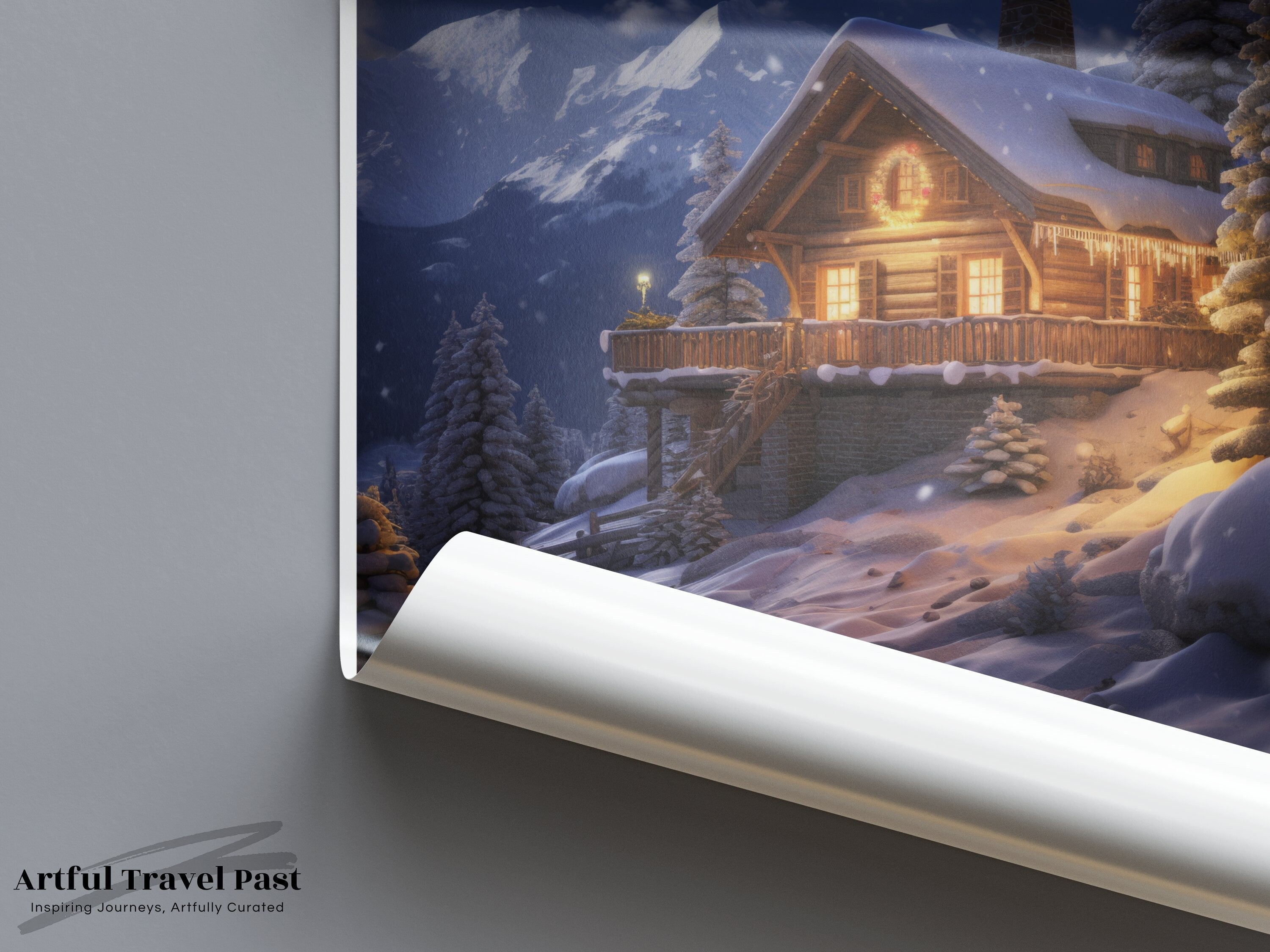 Scenic Winter Chalet Malatraix Wall Art, Serene Snowy Night View, Majestic Swiss Alps, Cozy Cabin Decor, Christmas Eve Atmosphere