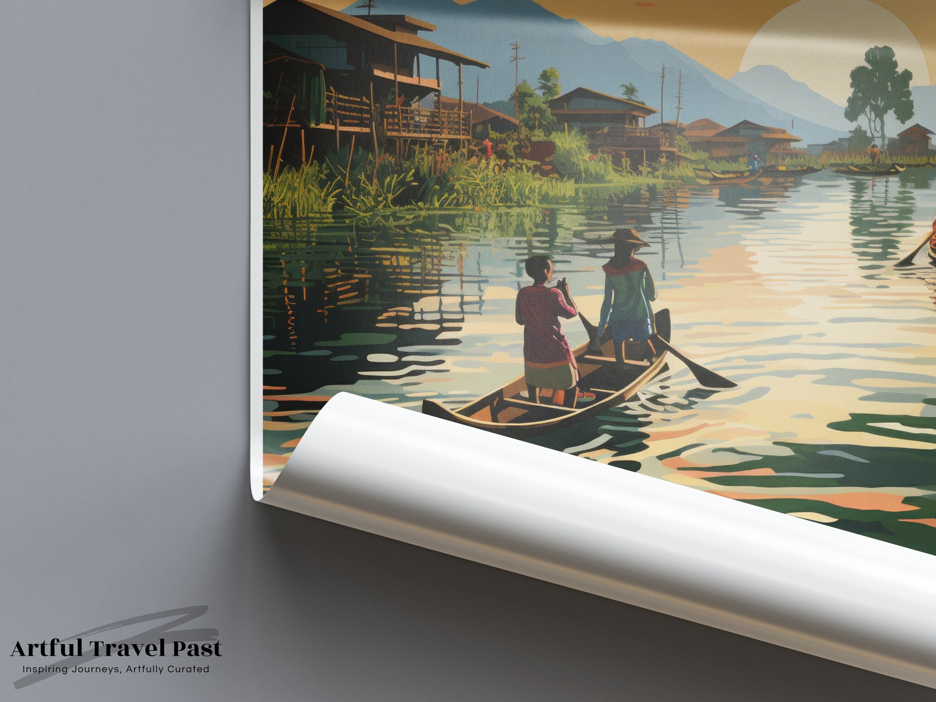 Inle Lake Wall Art, Myanmar Landscape Print, Scenic Canoe Ride, Sunset Wall Decor, Southeast Asia Travel Poster, Home Decoration