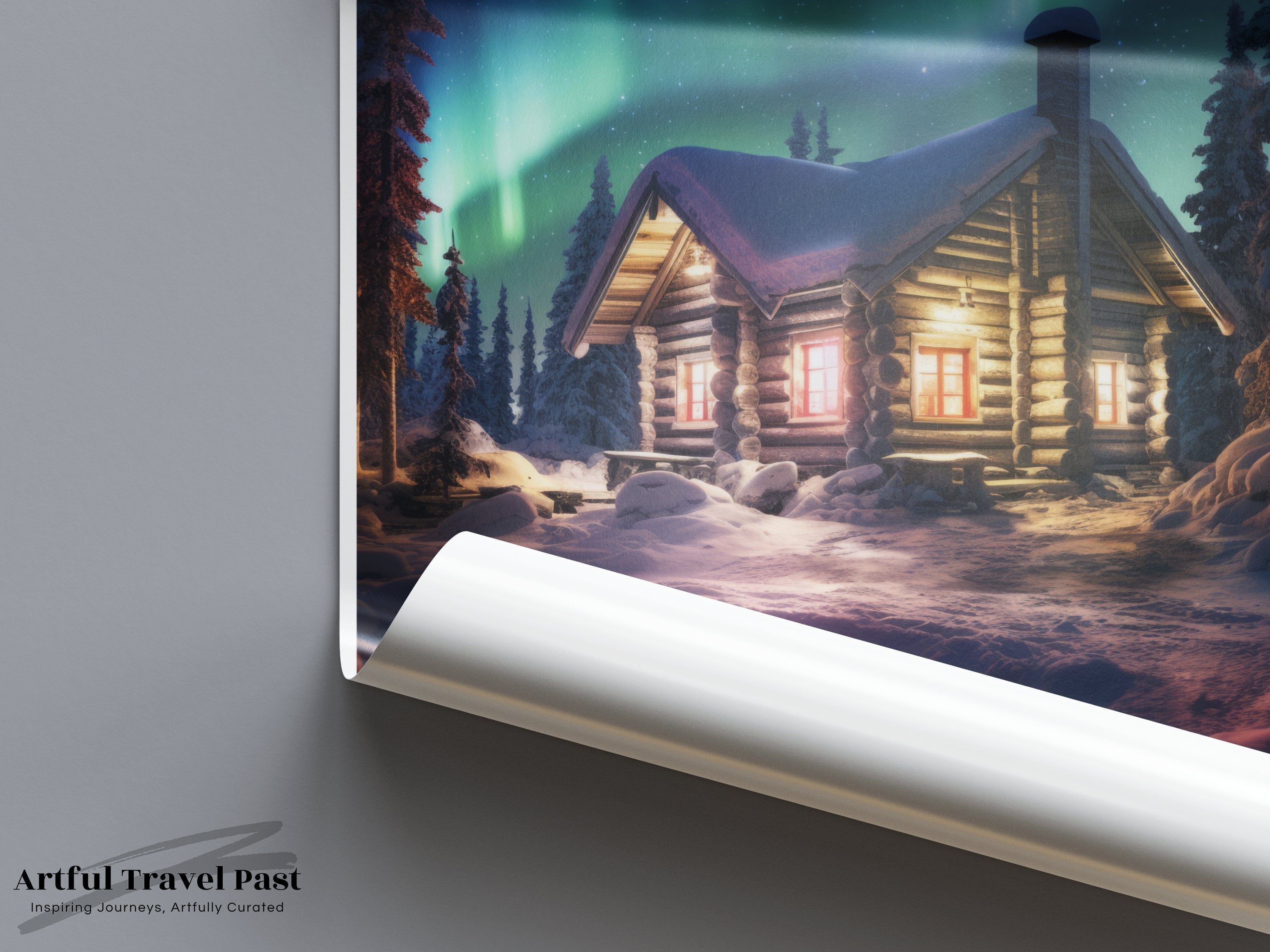 Northern Lights Over Lapland Wall Art, Cozy Cabin in Snowy Forest, Winter Wonderland, Tranquil Scandinavian Decor, Aurora Borealis Print