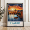 Prague Wall Art, Sunset over River Print, Charles Bridge Illustration, Czech Republic Home Decor, Cityscape Artwork, Vintage Style Poster