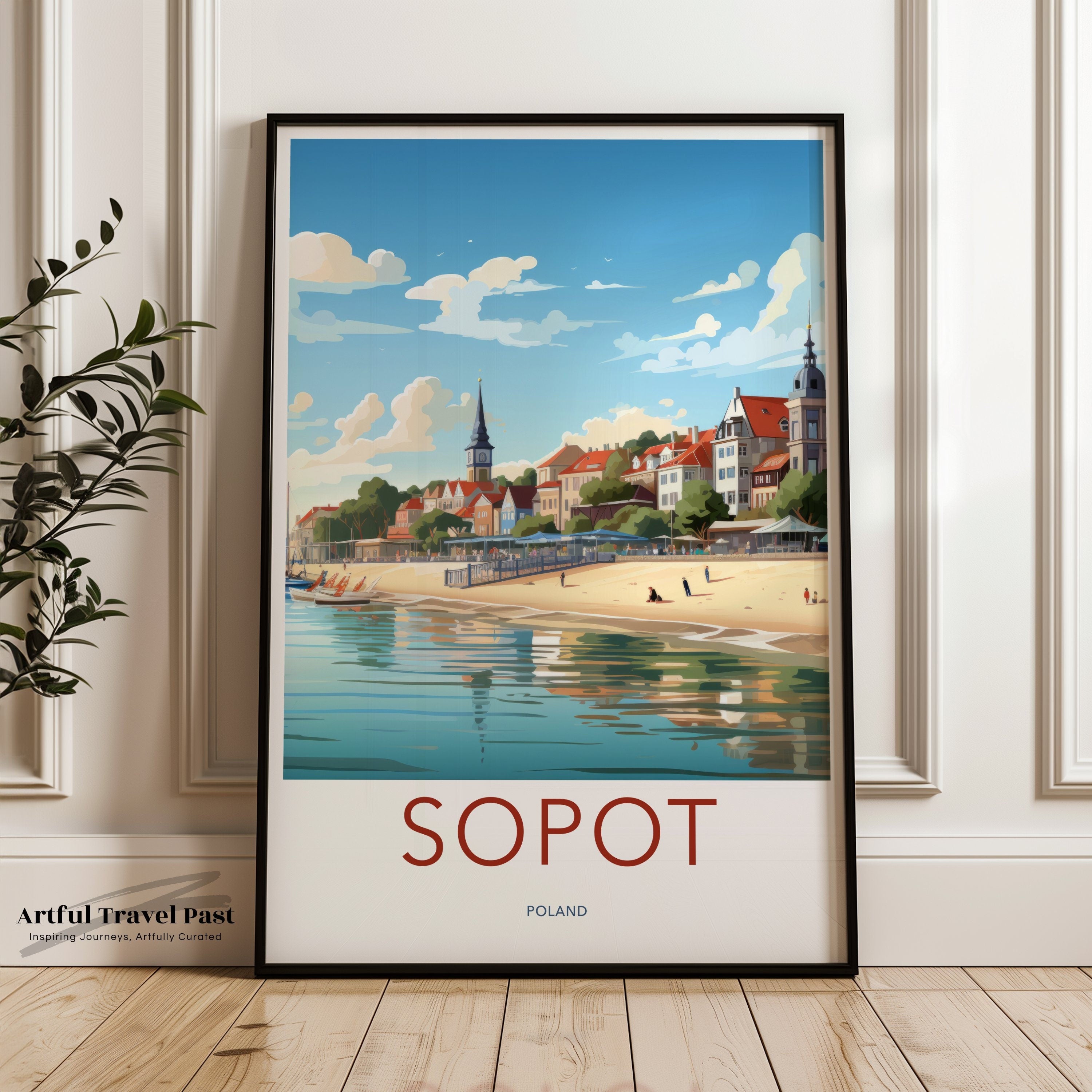 Sopot Poland Wall Art Print, Coastal Town Decor, European Beach Illustration, Scenic Seaside Landscape, Travel Poster, Home Decor