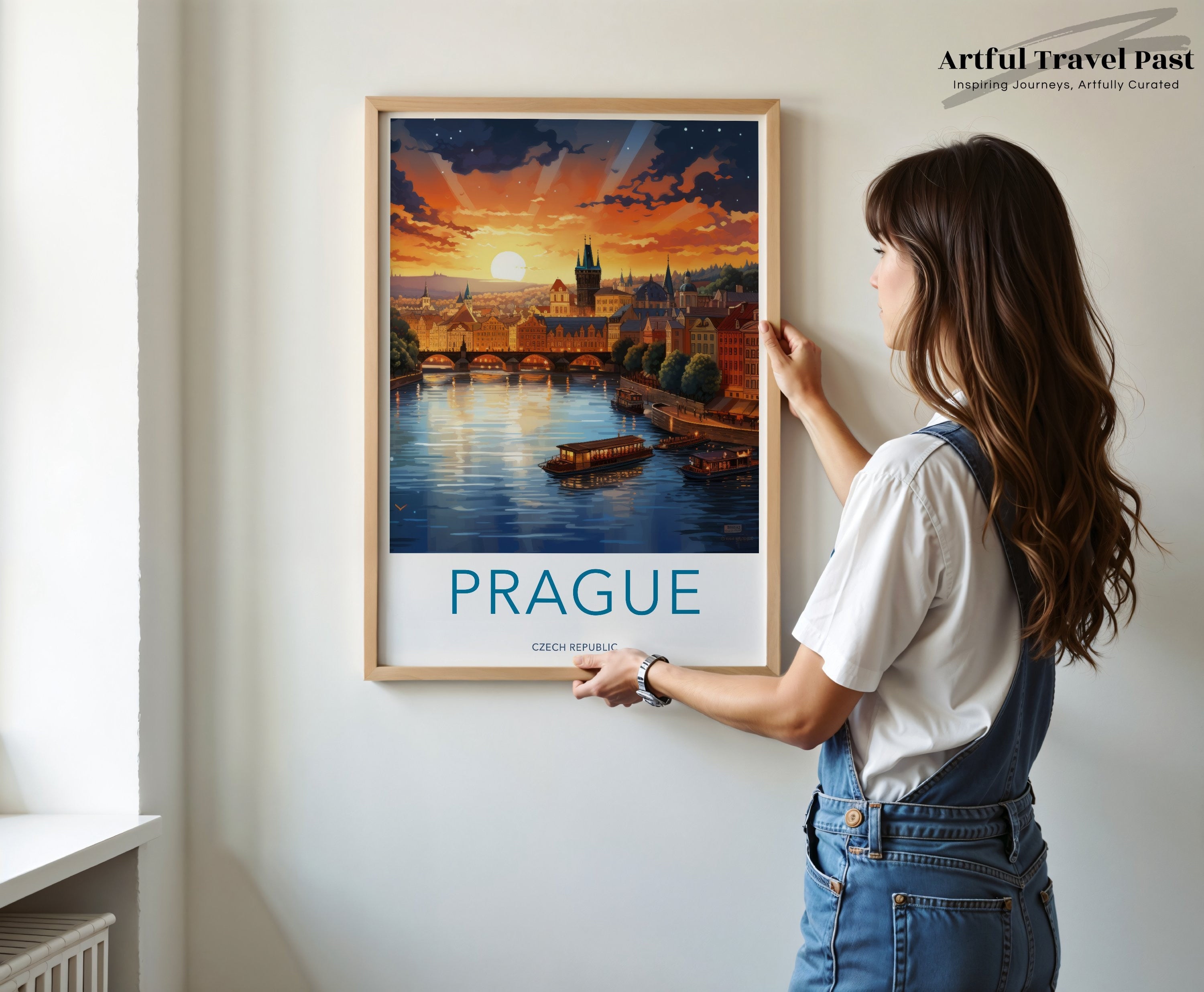 Prague Wall Art, Sunset over River Print, Charles Bridge Illustration, Czech Republic Home Decor, Cityscape Artwork, Vintage Style Poster