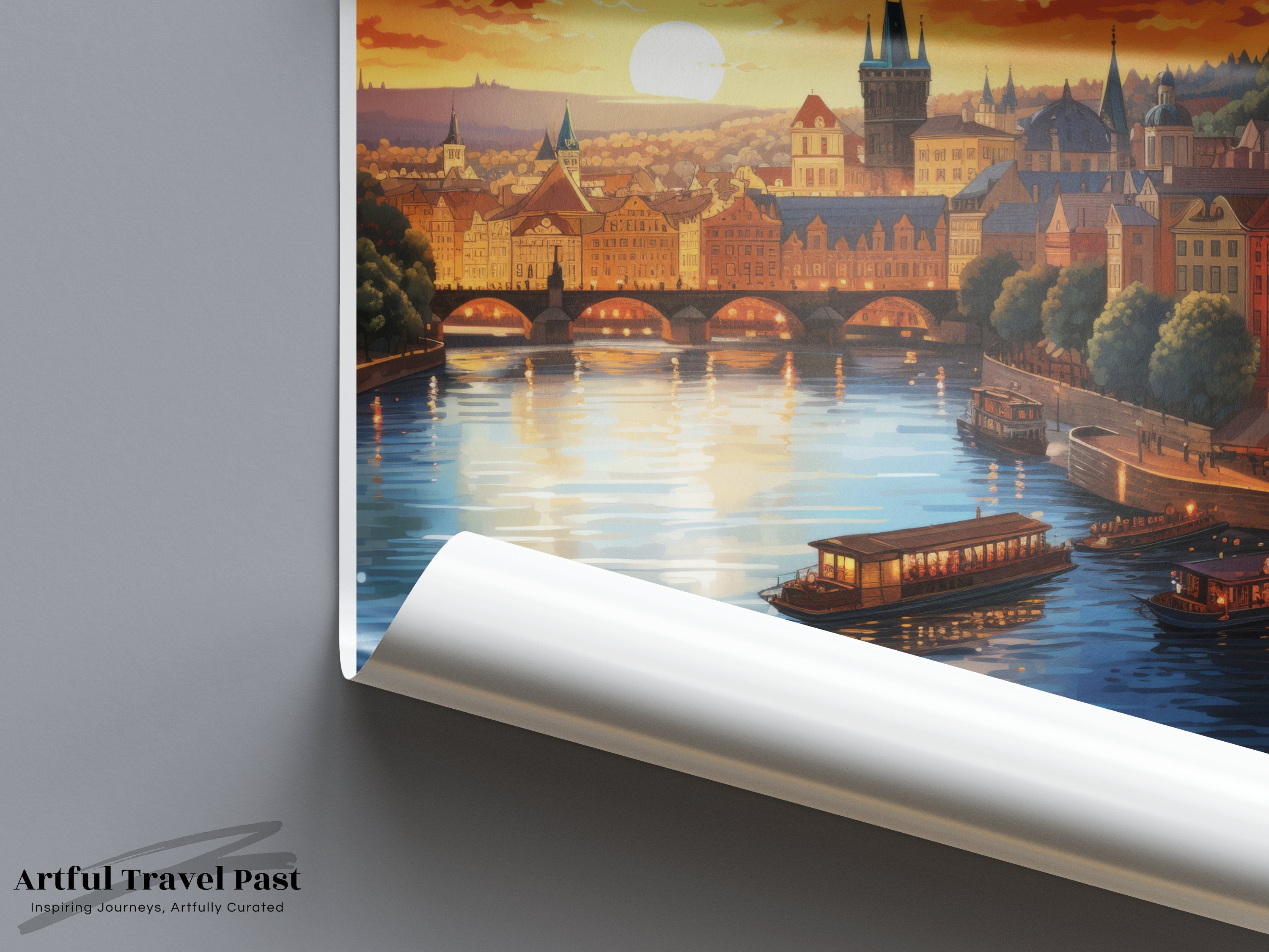 Prague Wall Art, Sunset over River Print, Charles Bridge Illustration, Czech Republic Home Decor, Cityscape Artwork, Vintage Style Poster