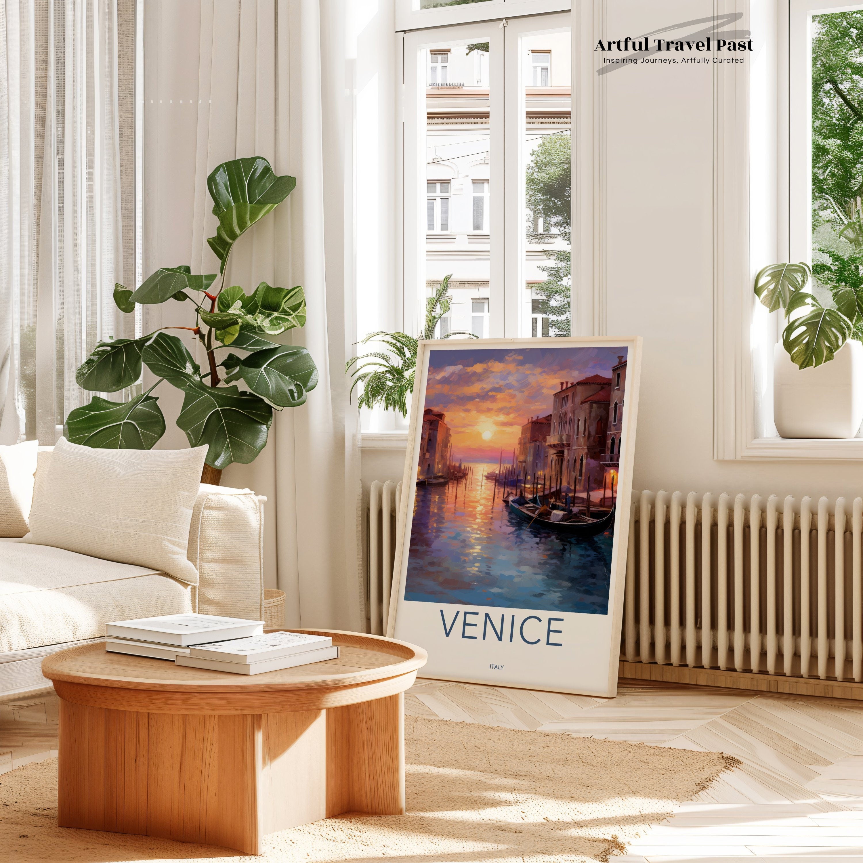 Venice sunset wall art, Italy cityscape painting, Venetian canal artwork, romantic travel home decor, colorful evening sky print