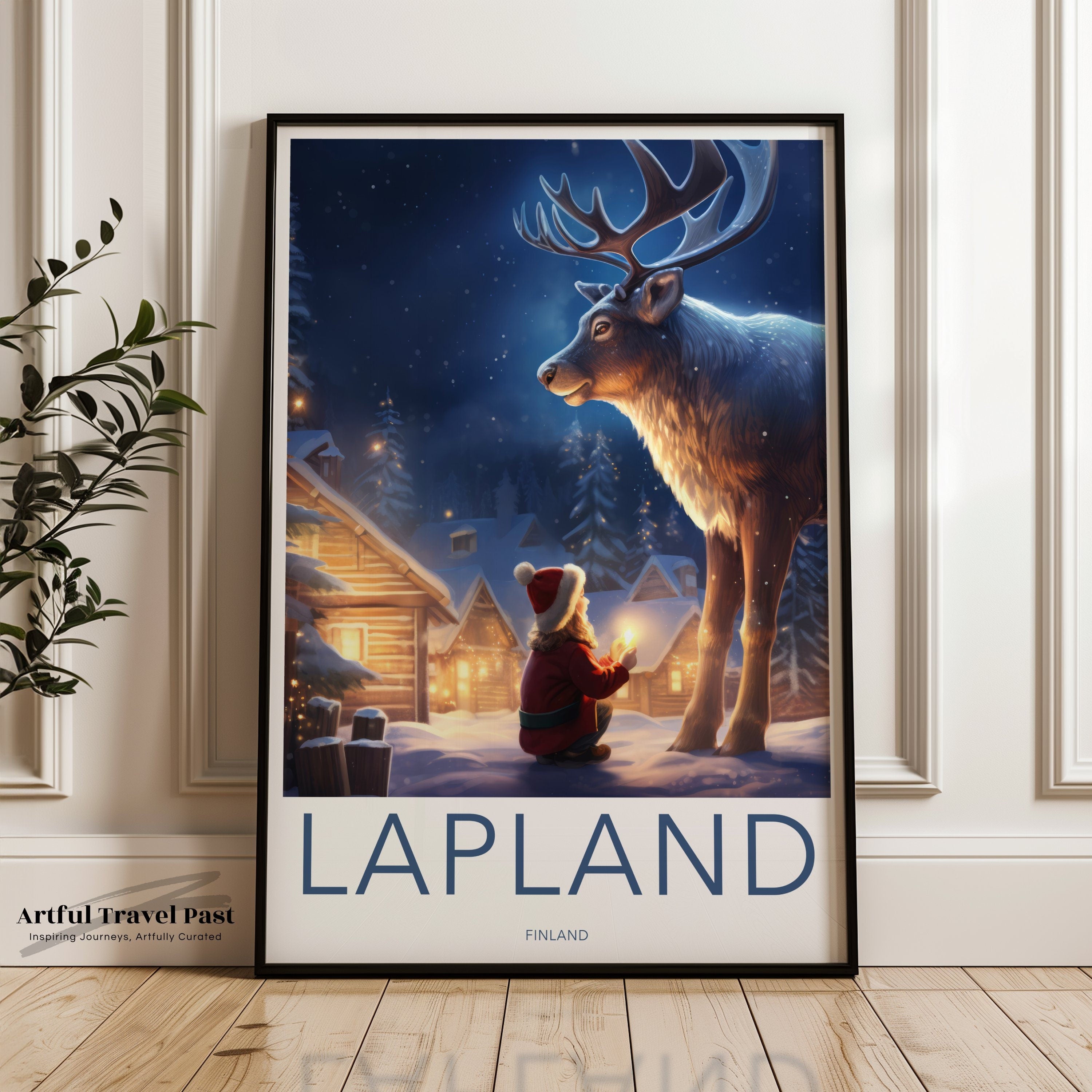 Lapland Christmas Wall Art, Snowy Night Artwork, Reindeer and Santa Claus Print, Winter Wonderland Illustration, Holiday Home Decor