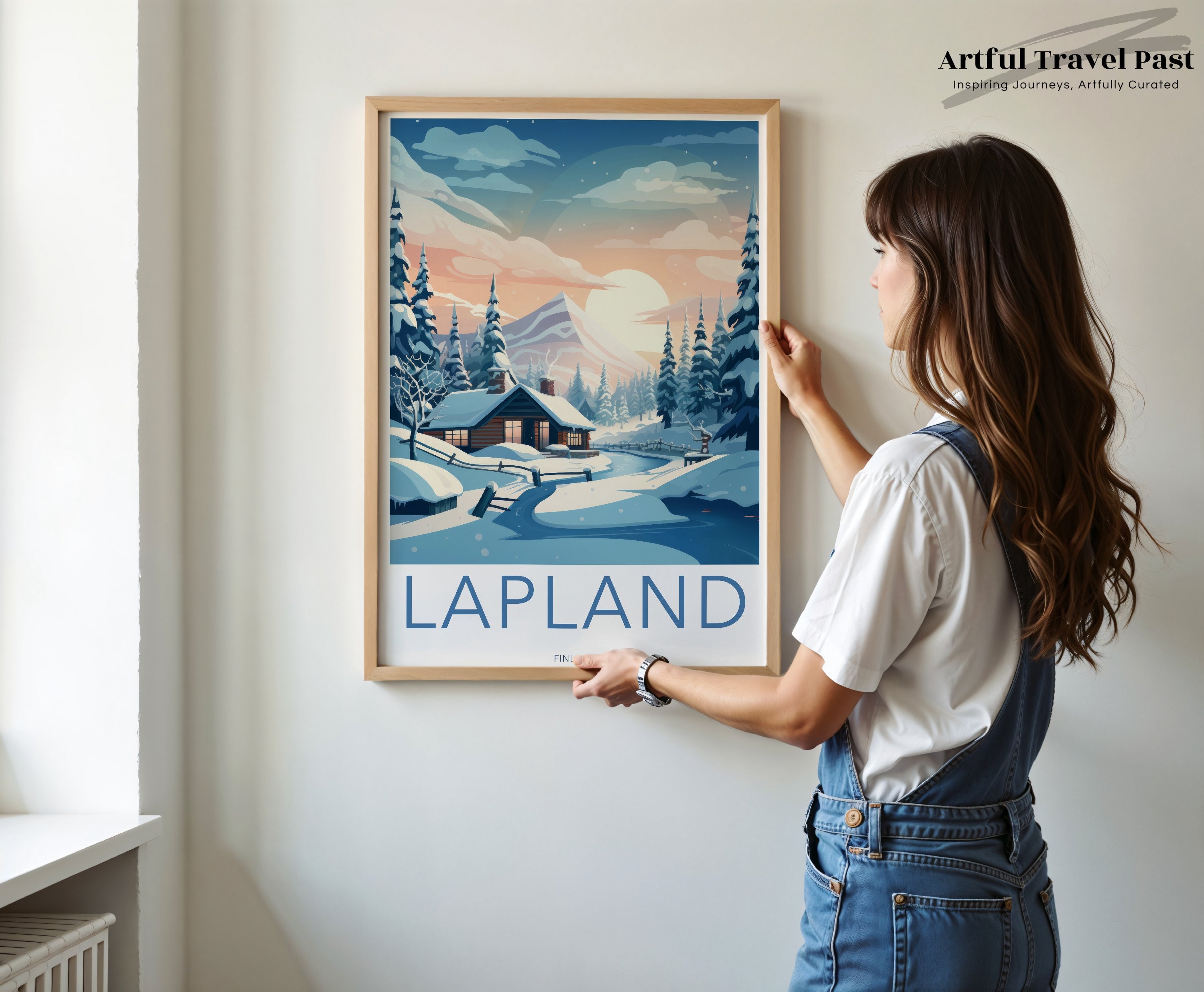 Lapland Winter Wonderland Wall Art, Scandinavian Landscape Poster, Finnish Snowy Cabin Illustration, Nordic Home Decor