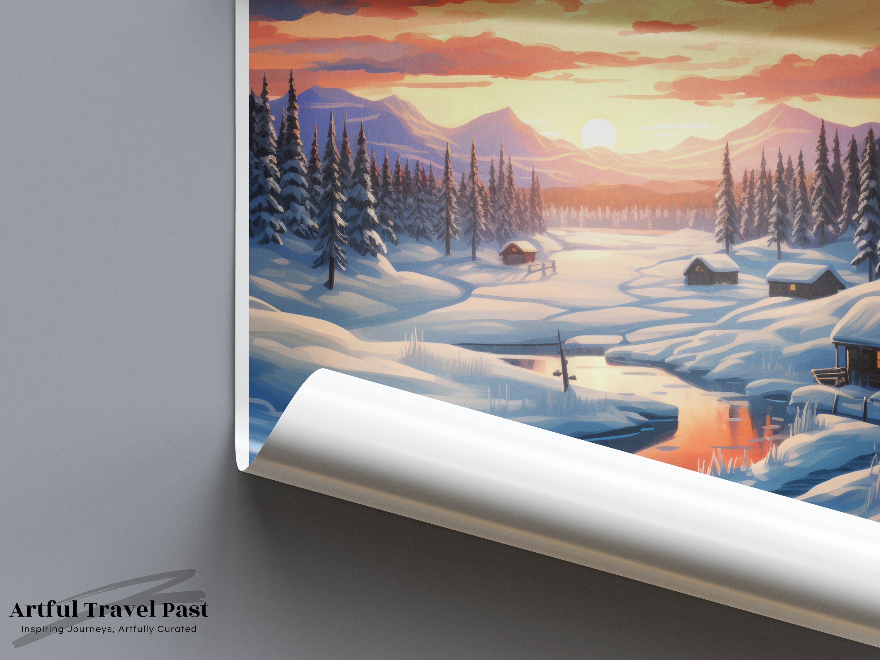 Lapland Wall Art, Finland Winter Landscape, Snowy Forest Decor, Scandinavian Wall Decor, Nordic Nature Print, Sunrise Over Snowy Village