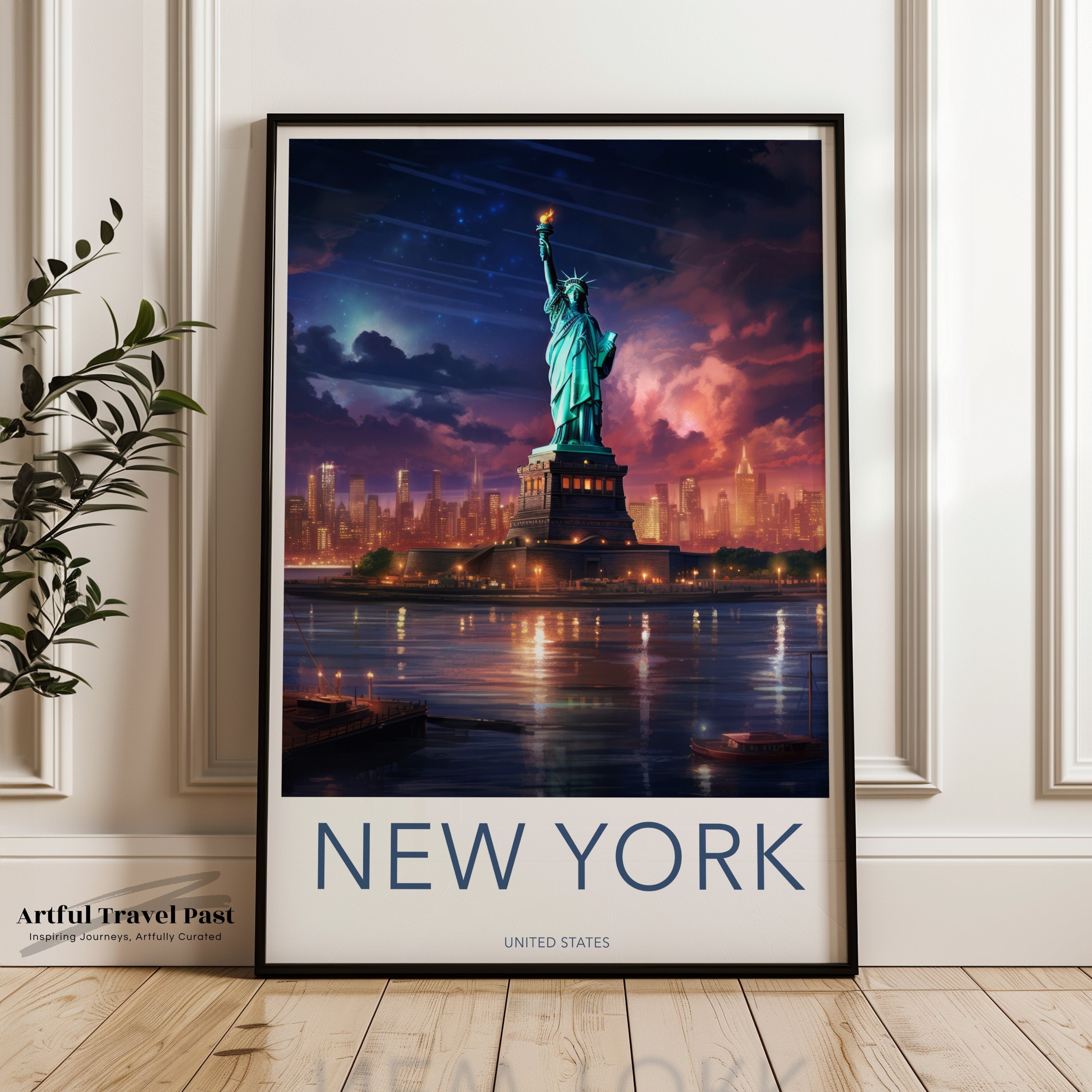 New York City Skyline Wall Art, Statue of Liberty, Cityscape Night View, Iconic Landmark Art Print, Home Décor