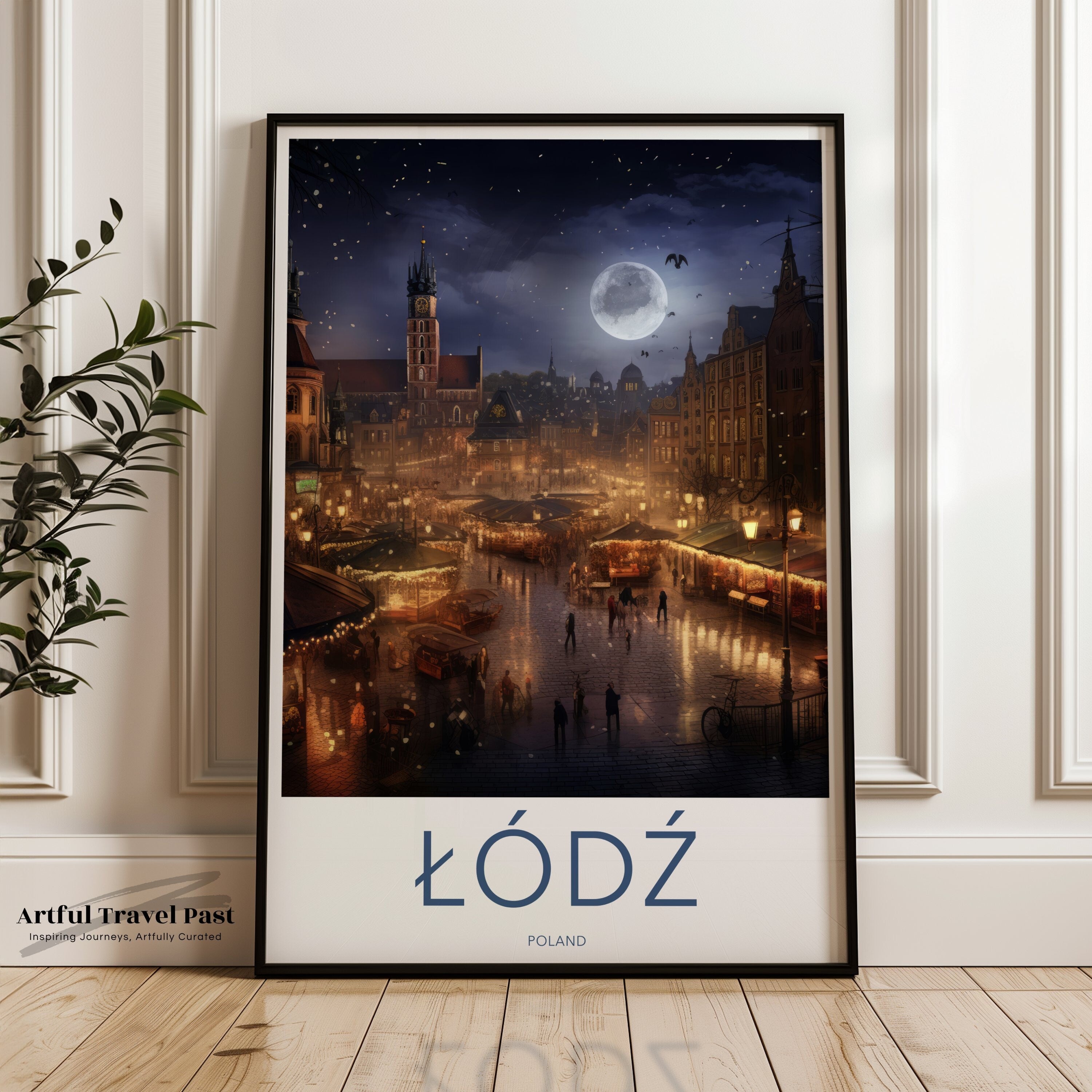 Lodz Poland Night Scene Wall Art, Historic Cityscape Print, Romantic Streets, Moonlit Evening, European Winter Decor, Polish Architecture