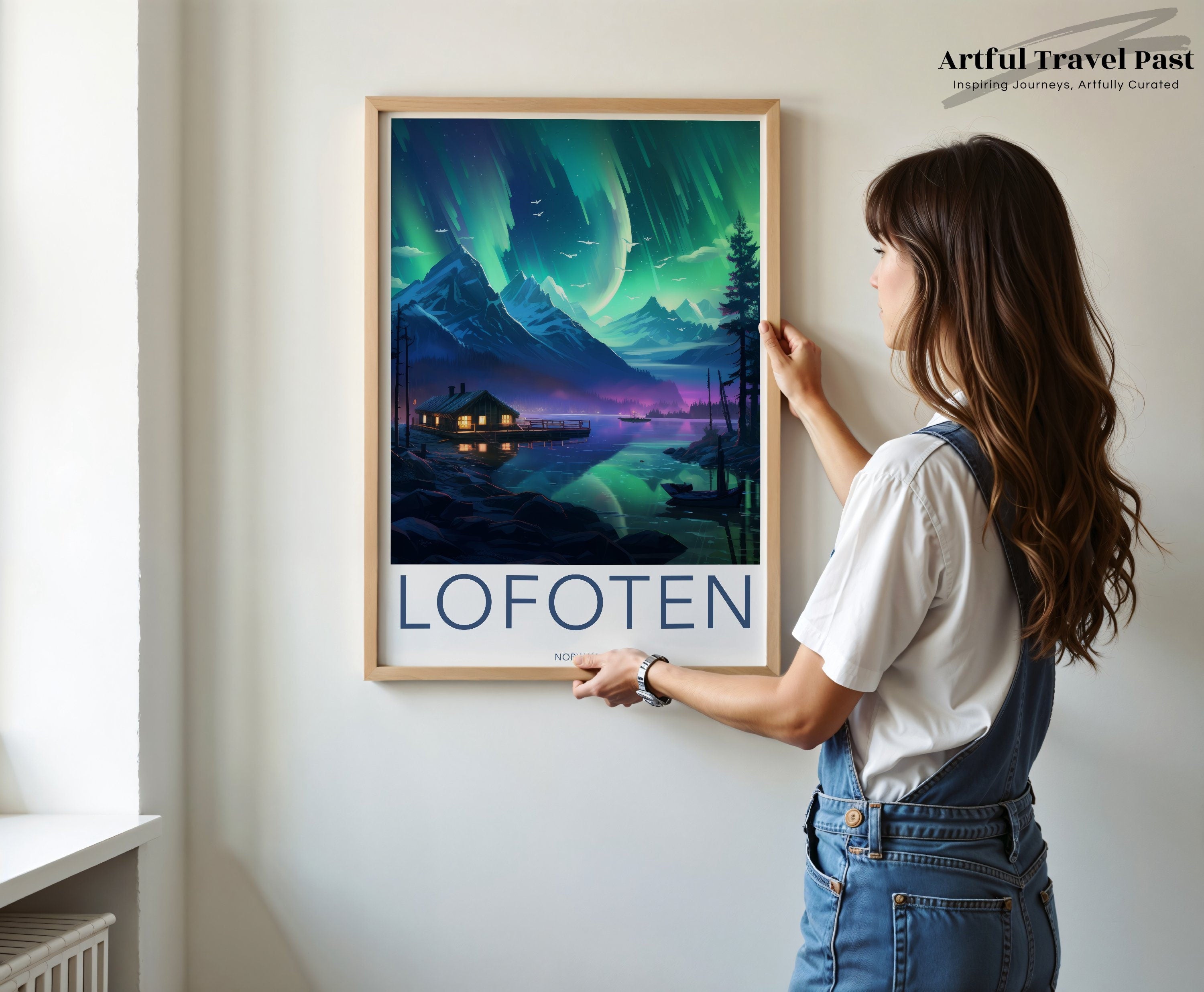 Lofoten Norway Wall Art, Northern Lights Landscape, Mountain and Lake Night View, Nature Scenery Art Print, Travel Poster Decor