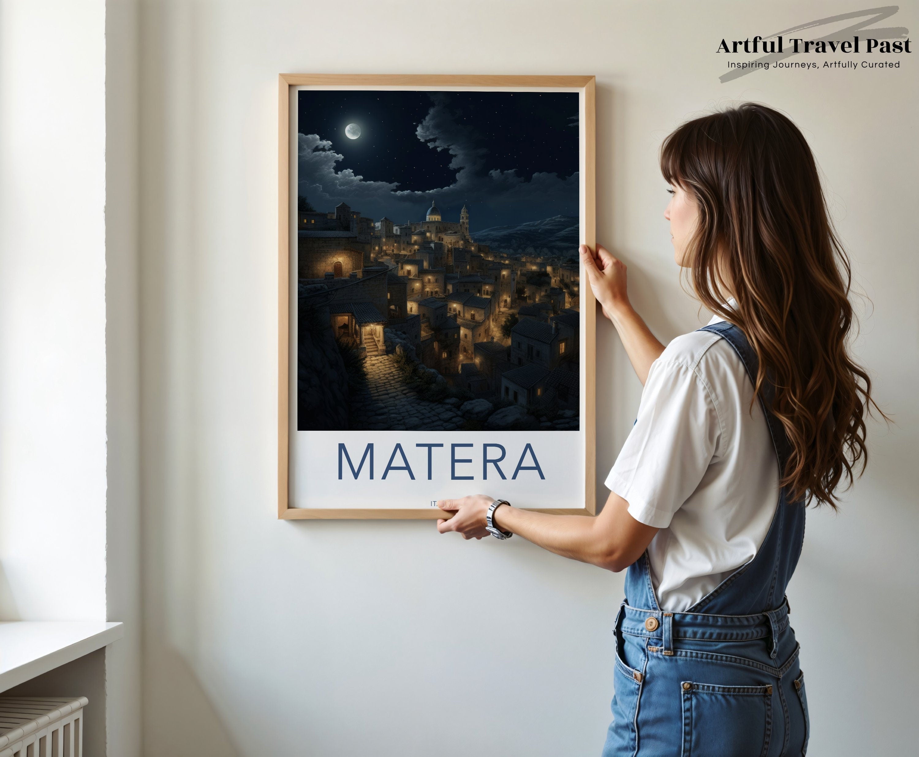 Matera Night Skyline Art Print, Historic Italian City Wall Art, Moonlit Matera Artwork, Italy Travel Decor, Southern Italy Landscape