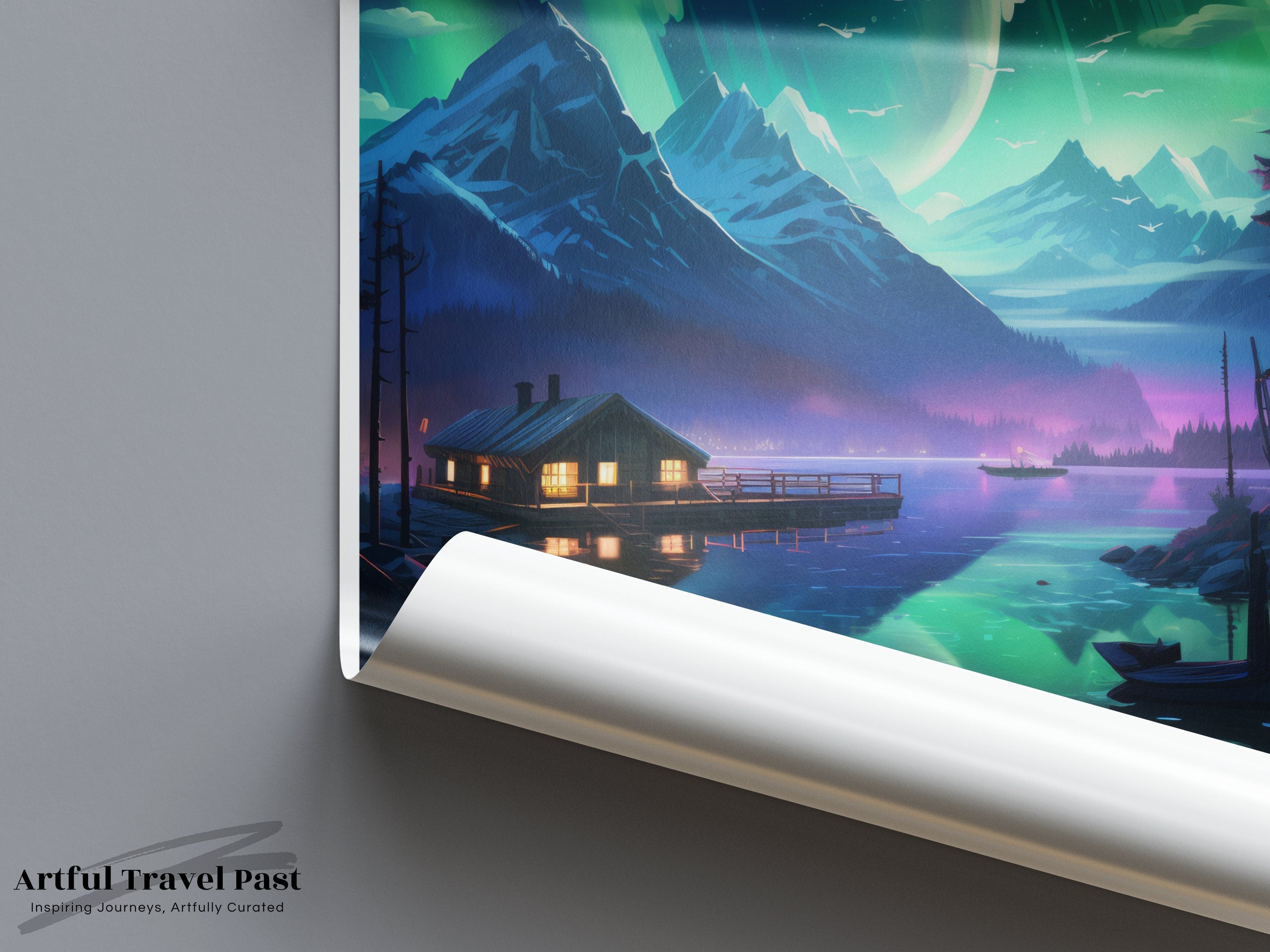 Lofoten Norway Wall Art, Northern Lights Landscape, Mountain and Lake Night View, Nature Scenery Art Print, Travel Poster Decor