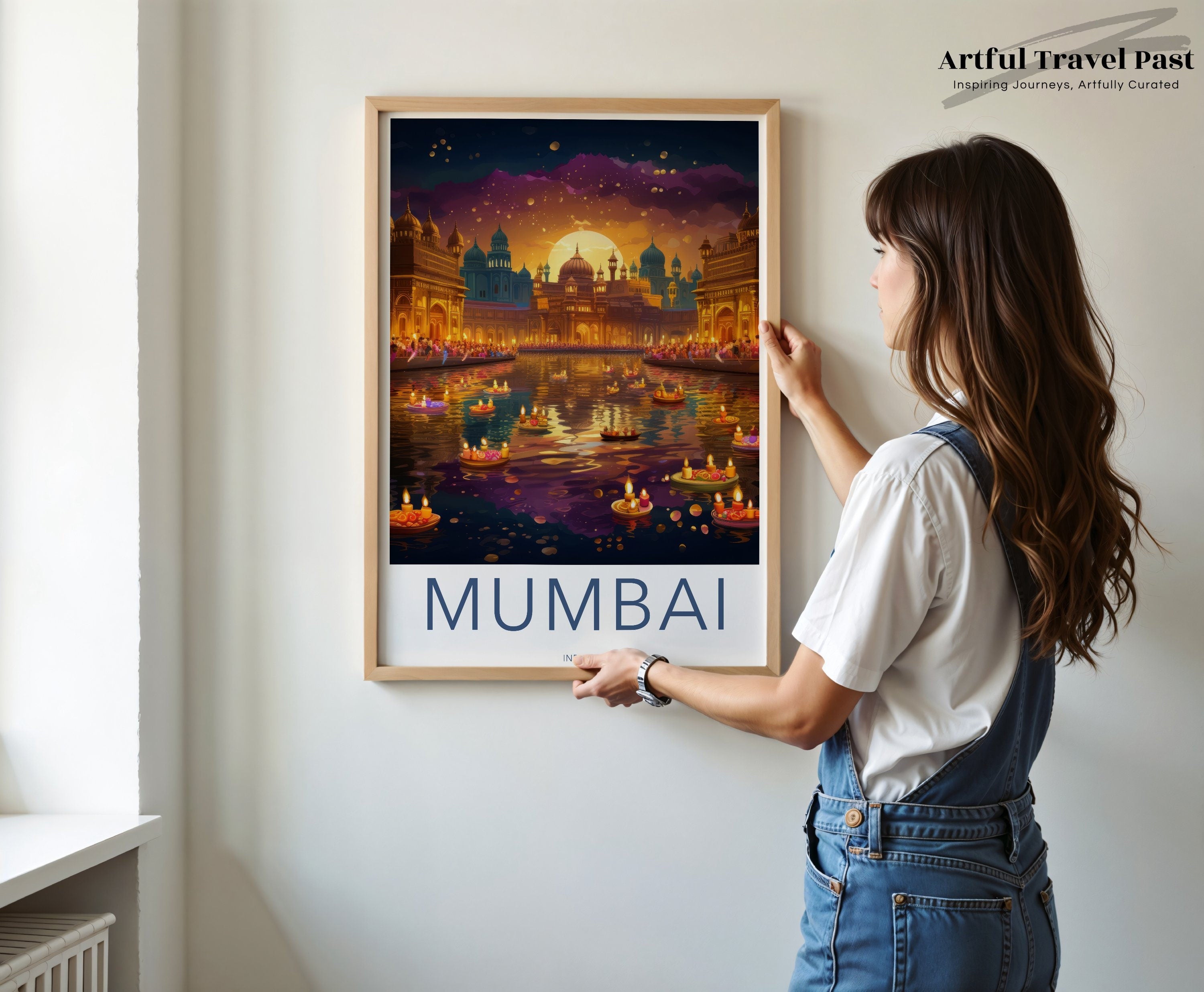 Mumbai Wall Art Print, Night Scene Illustration, Indian Cityscape, Cultural Landmarks, Illuminated Waterfront Decor, Travel Artwork