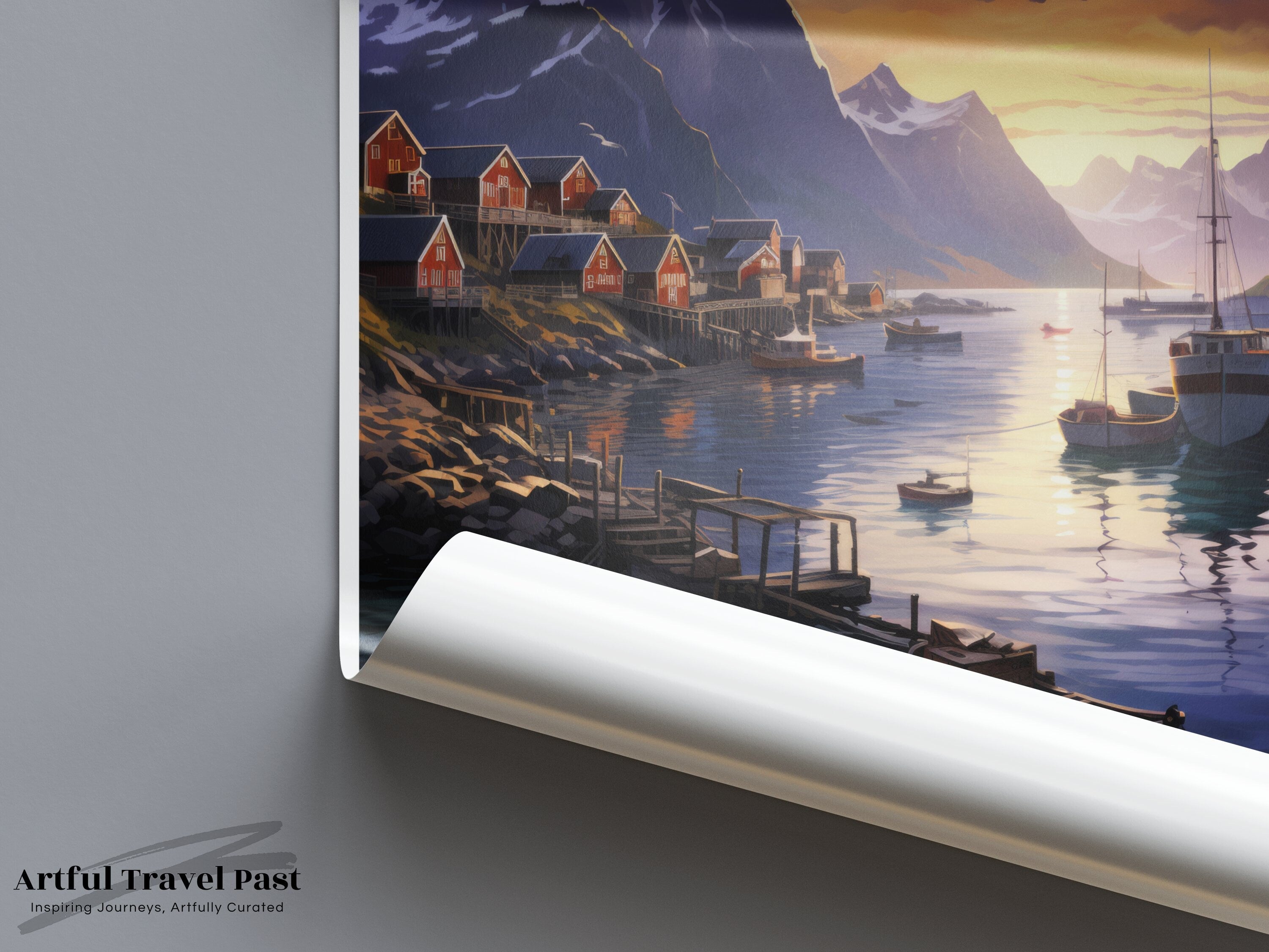 Lofoten Norway Wall Art, Scandinavian Coastal Village Print, Nordic Seascape, Beautiful Sunset, Mountain and Ocean Scene