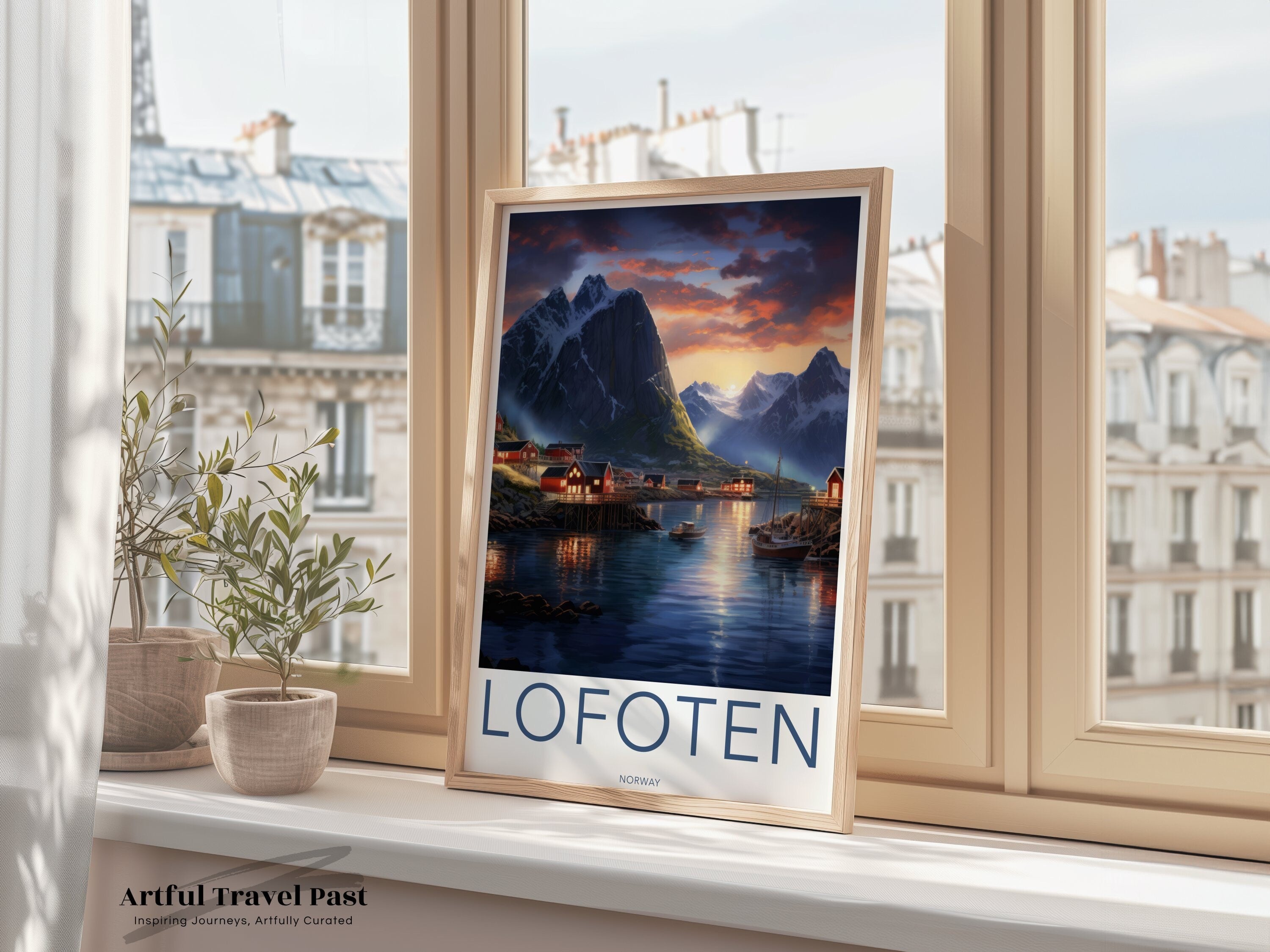 Lofoten Norway Wall Art, Scenic Nordic Landscape Print, Coastal Village Artwork, Majestic Mountain Decor, Sunset Harbor Poster