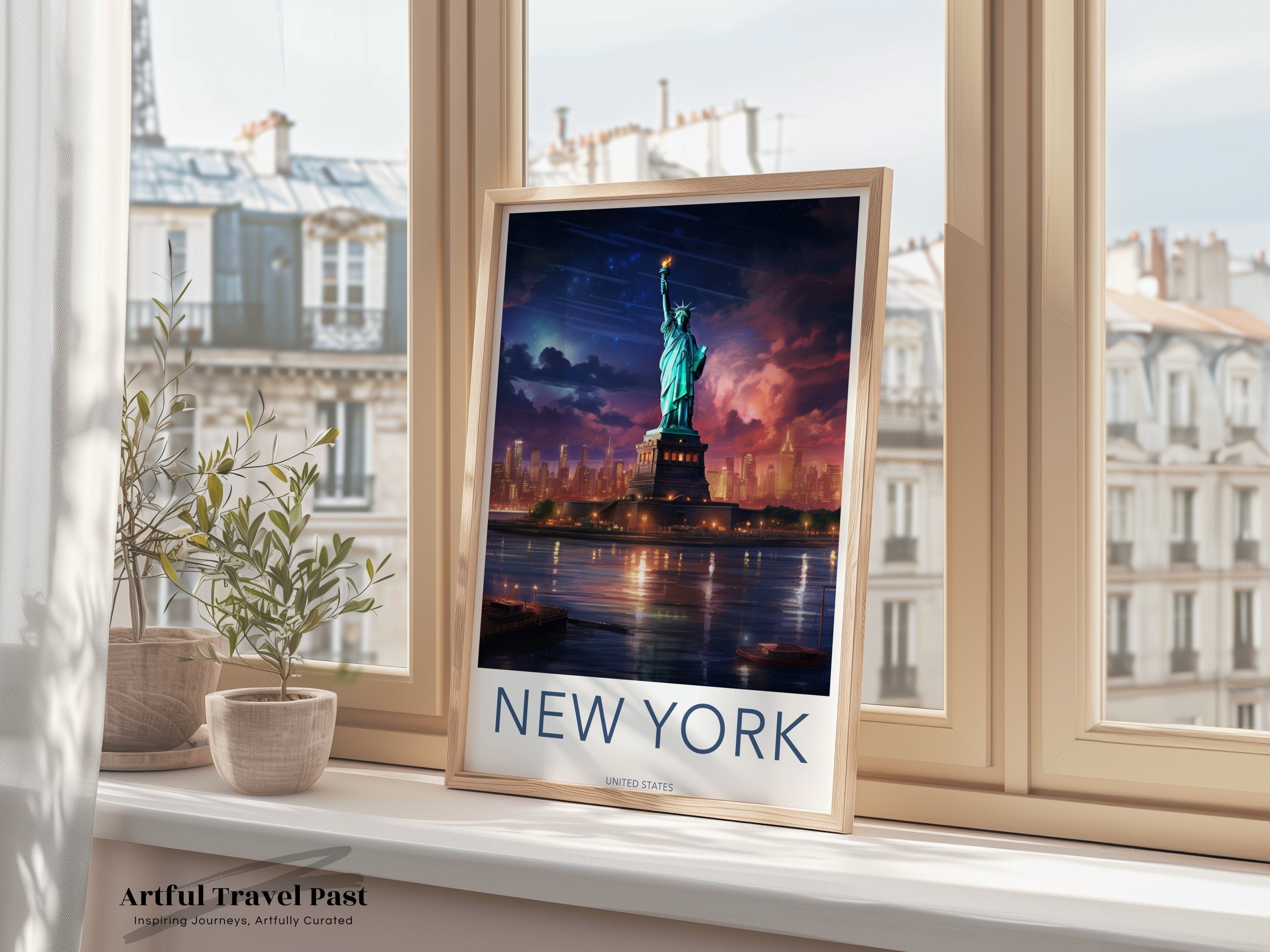 New York City Skyline Wall Art, Statue of Liberty, Cityscape Night View, Iconic Landmark Art Print, Home Décor