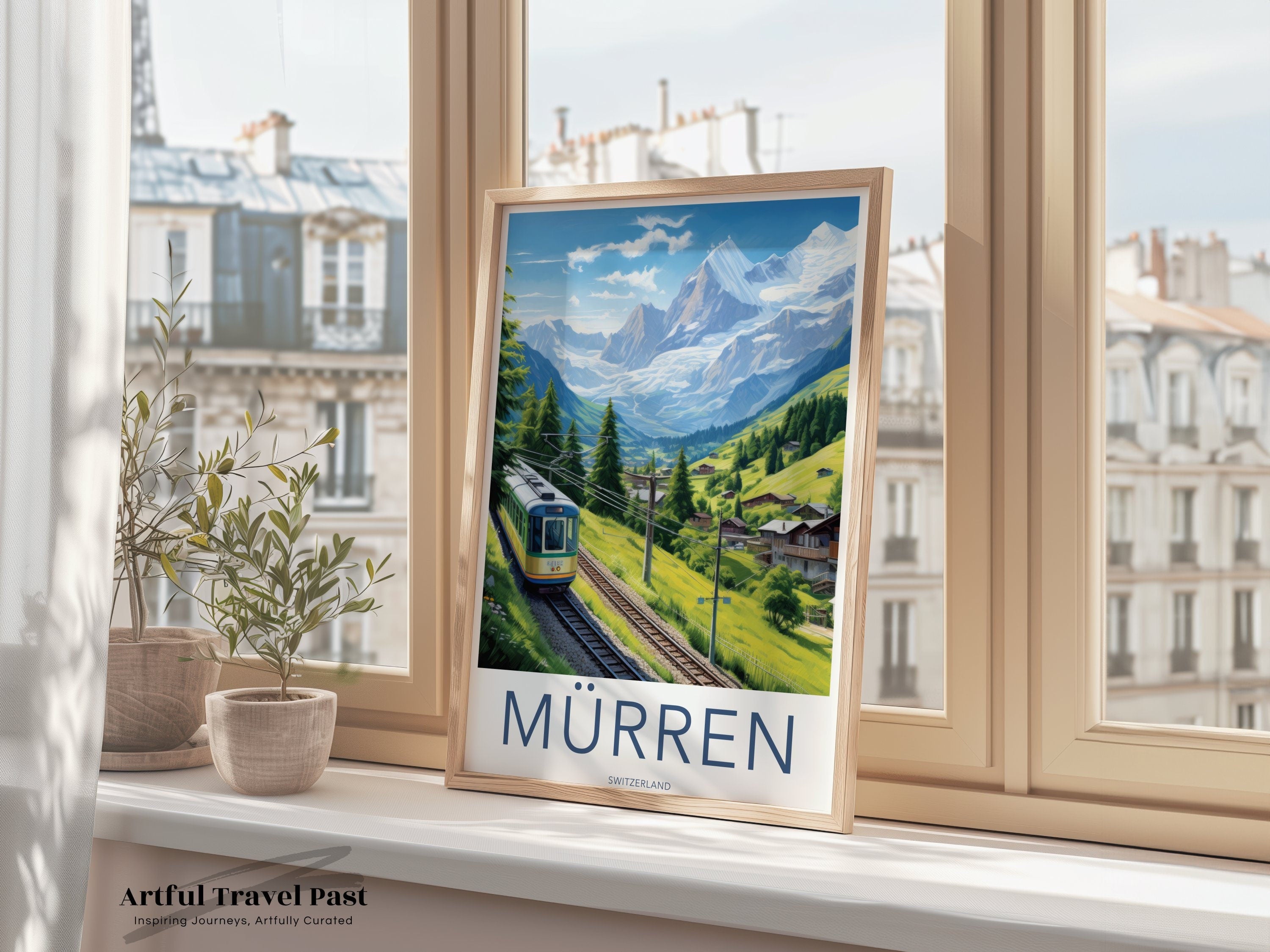 Murren Switzerland Wall Art, Vintage Travel Poster, Mountain Village Illustration, Scenic Railway Print, Swiss Alps Landscape Decor