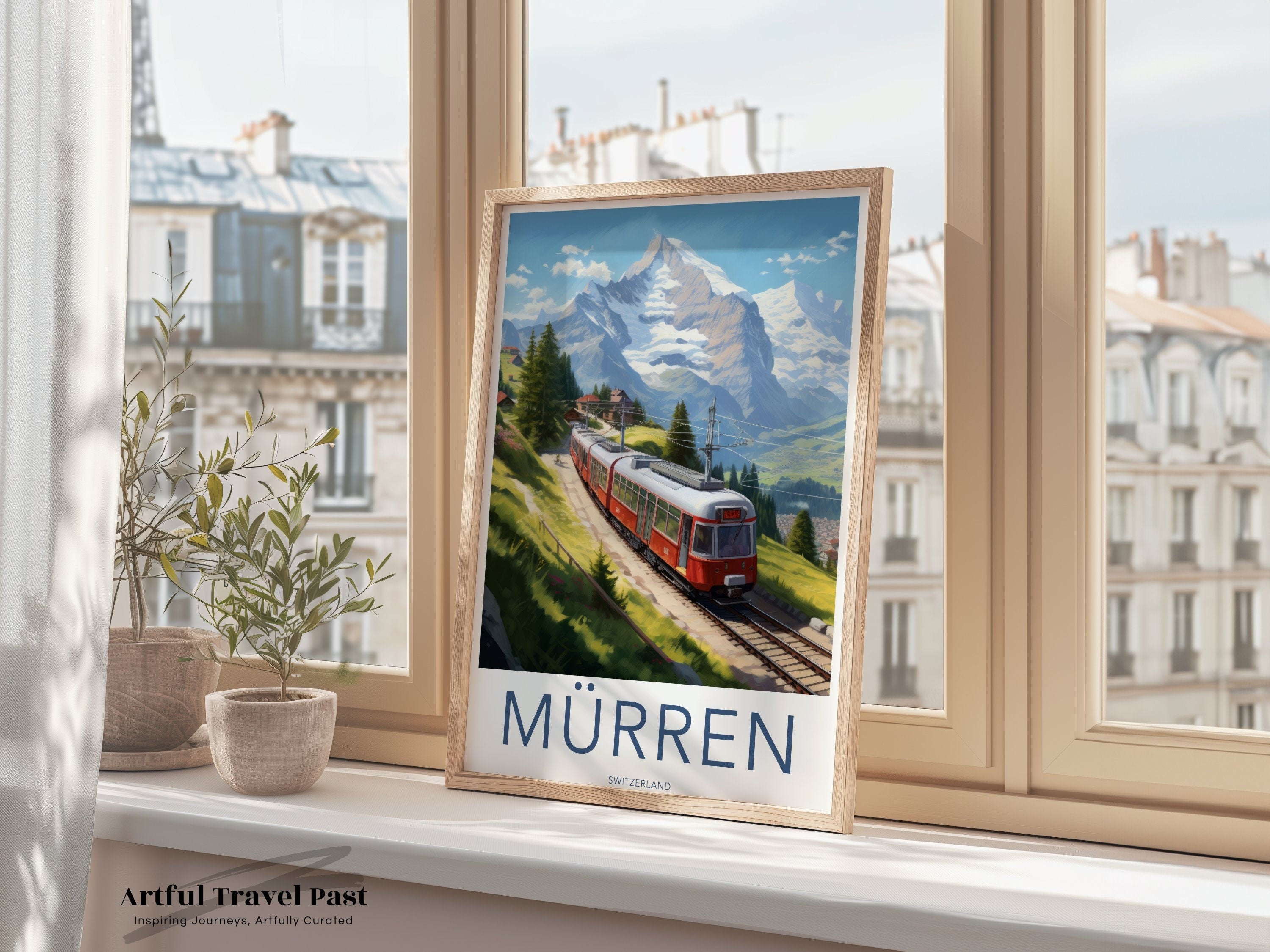 Mürren Switzerland Vintage Travel Poster, Mountain Train Wall Art, Scenic Swiss Alps, Retro Railway Decor, Alpine Landscape Print