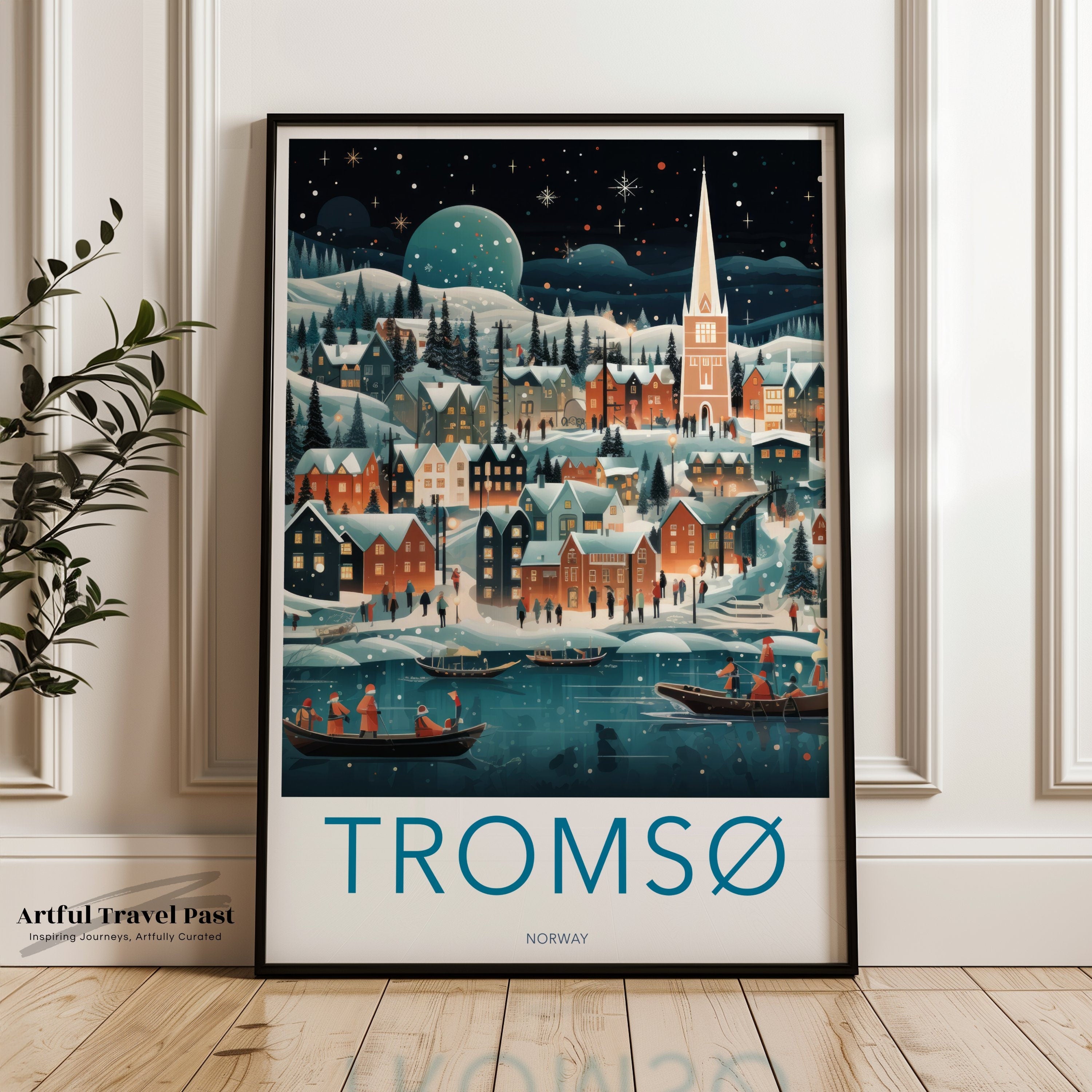 Tromsø Wall Art, Scandinavian Winter Landscape Print, Nordic Cityscape Poster, Norwegian Coastal Town Decor, Northern Lights Illustration