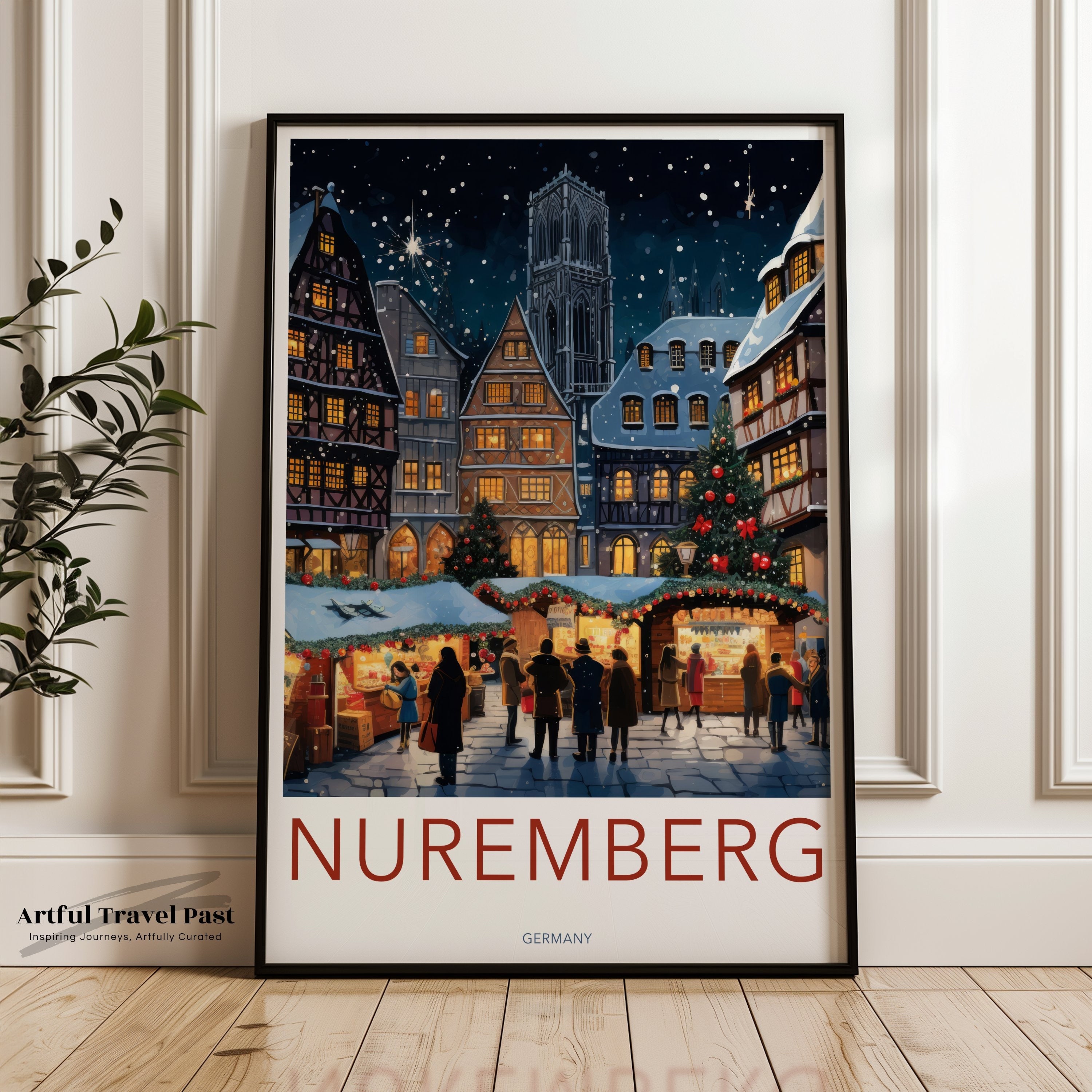 Nuremberg Christmas Market Wall Art, Historic Germany Cityscape Print, Festive European Holiday Decor, Winter Wonderland Illustration