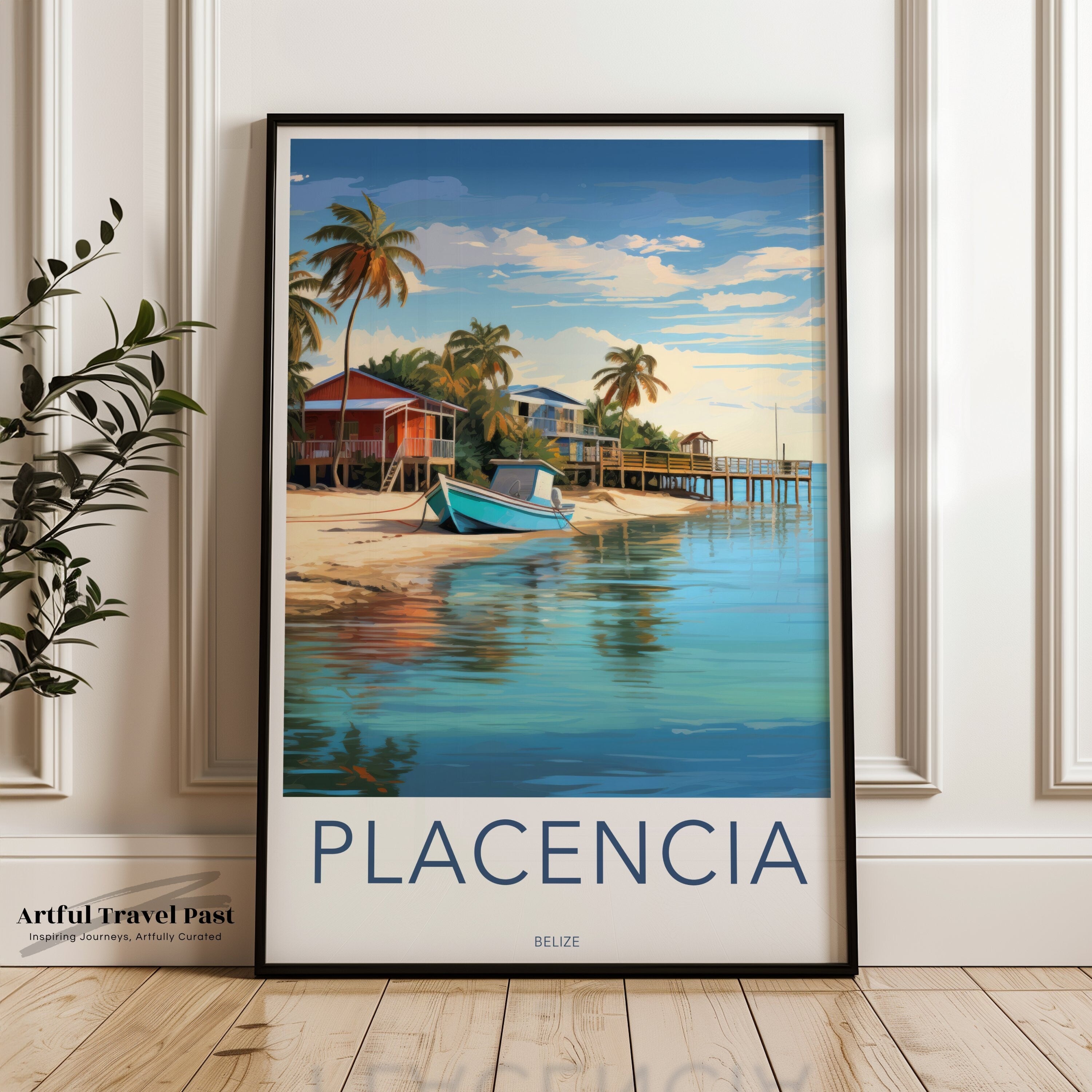 Placencia in Belize Wall Art, Seaside Village Illustration, Coastal Decor, Caribbean Landscape Print, Beachfront Houses Art